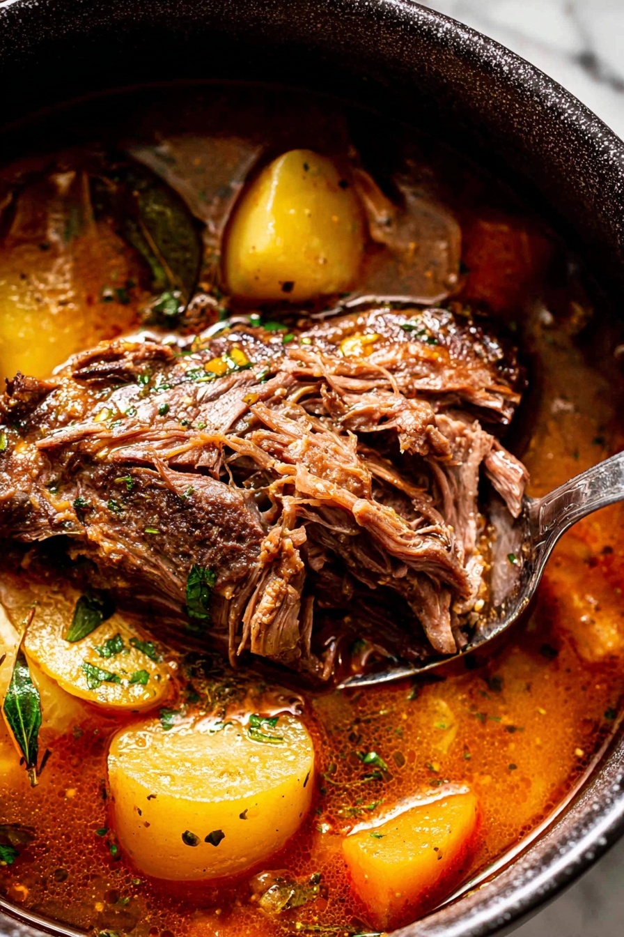 Braised Pork Shoulder with Apples, pork shoulder recipes, slow braised pork, apple pork stew, comforting pork dishes - The image shows a close-up of a rich stew in a dark pot placed on a white marbled surface. In the stew, there is a large piece of brown, cooked meat with textures of pulled, soft fibers, resting in the middle. Around the meat, there are orange-brown sauce layers with some shiny, smooth textures from the broth. Mixed in the stew are yellowish chunks of potatoes and green herbs scattered on top, adding a fresh look. A silver fork is pulling some meat from the main piece. The overall colors are warm with browns, oranges, yellows, and greens, creating a hearty, home-cooked style appearance. photo taken with an iphone --ar 2:3 --v 7