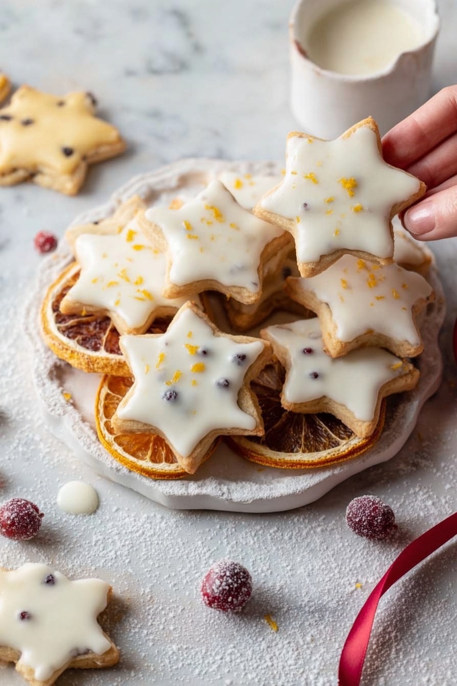Cranberry Orange Shortbread Cookies, holiday shortbread cookies, citrus cranberry cookies, easy shortbread recipes, festive cookie ideas - Star-shaped cookies with a smooth white icing layer sprinkled with small orange zest pieces cover a parchment paper sheet placed on a wooden board. Scattered around the cookies are thin dried orange slices with a light brown edge and dark orange centers, adding a rustic look. Small red berries, some frosted, are also spread around, contrasting with the white icing and the warm tones of the orange slices. A fine dusting of white powdered sugar is scattered lightly on the wooden board and parchment paper, enhancing the festive feel. The wooden board has a rough texture with visible grains and a small round hole at the top edge. The scene sits on a white marbled surface that is bright and smooth, providing a clean background. Photo taken with an iphone --ar 2:3 --v 7