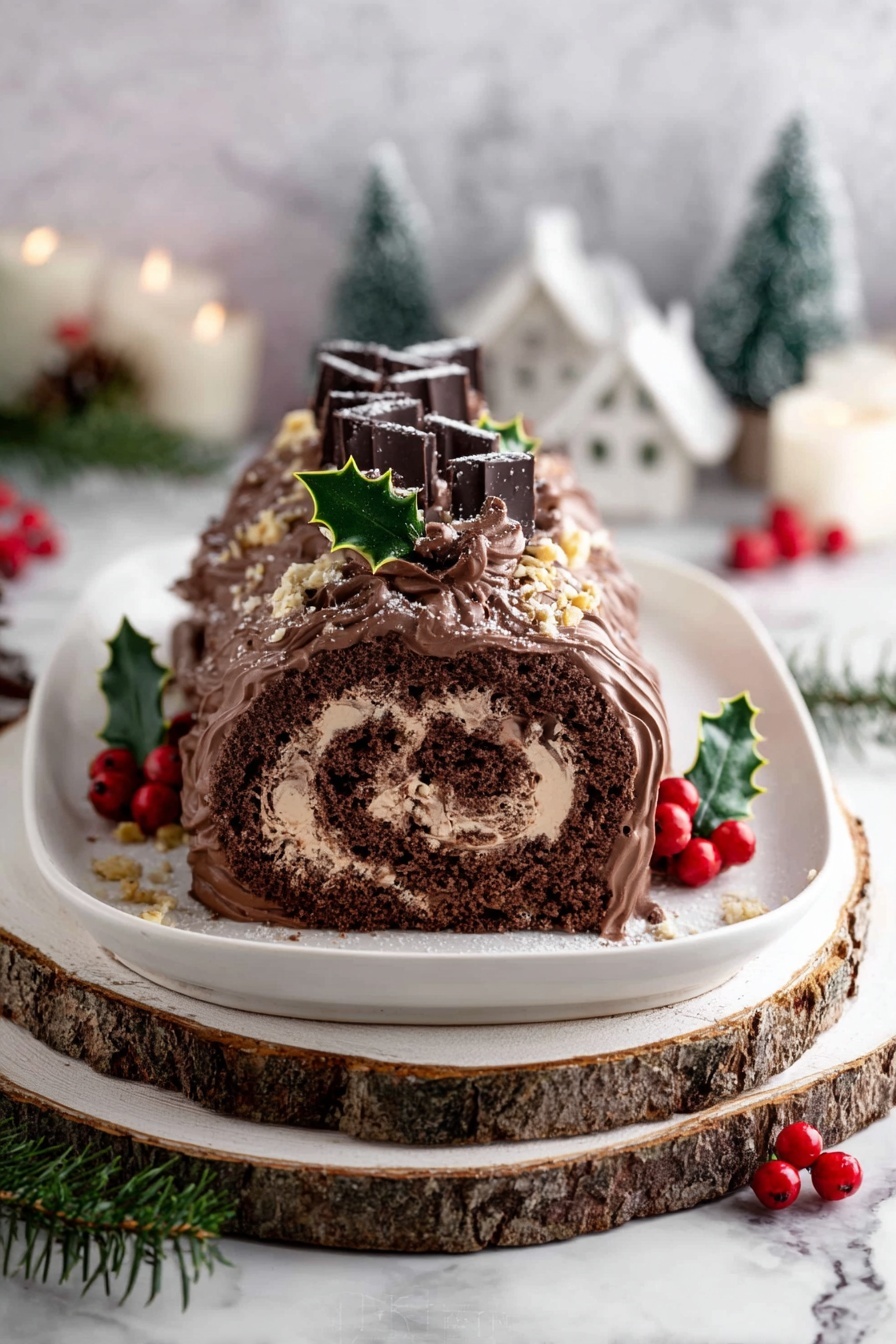 Chocolate Hazelnut Yule Log, Bûche de Noël, festive chocolate roulade, holiday dessert, easy Christmas Yule Log - The image shows a Yule log cake on a white rectangular plate placed on a wooden round board. The cake has one main layer covered in smooth chocolate cream with dark chocolate ribbon-like strips laid vertically on top, creating a wavy texture. There are small pieces of chopped nuts sprinkled over the chocolate ribbons and around the plate. On top of the cake, a cluster of glossy green holly leaves and bright red berries adds a festive touch. The background features a white marbled surface with decorative mini snowy trees, white houses, and red berries scattered around, giving a winter holiday feel. photo taken with an iphone --ar 2:3 --v 7