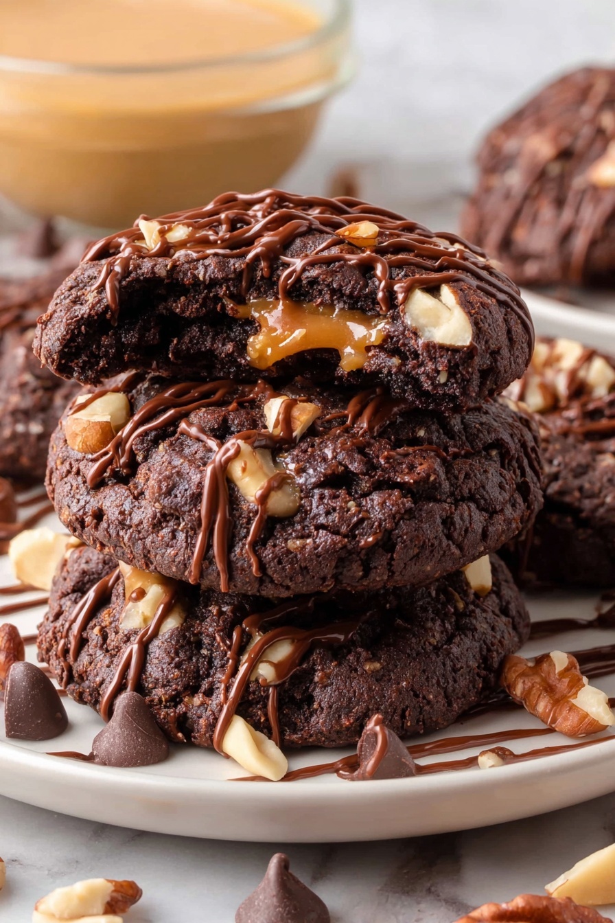 Chocolate Caramel Pecan Cookies, decadent cookie recipes, caramel pecan cookies, chocolate cookie desserts, rich cookie treats - The image shows a close view of a dark brown chocolate cookie with a cracked surface, topped with small pieces of walnuts in uneven spots. The cookie is split open in the middle, revealing a stretchy, shiny caramel layer that drips slightly between the two halves. A grid of smooth milk chocolate drizzles covers the top of the cookie. Around the main cookie, other similar cookies with the same chocolate drizzle pattern and walnut pieces are visible, placed on a white marbled surface. photo taken with an iphone --ar 2:3 --v 7