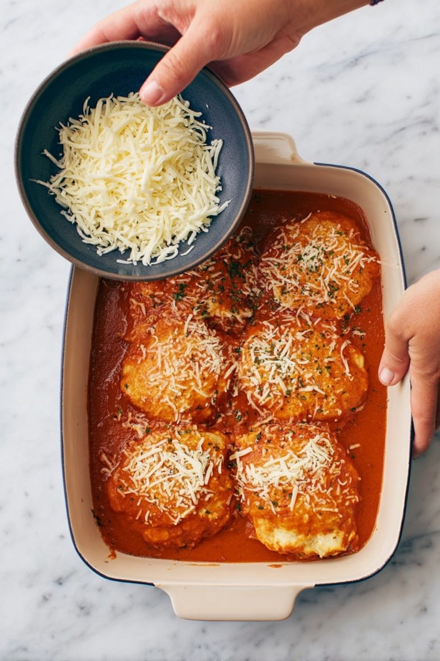 Cheese and Tomato Soup Bake, tomato soup bake, cheesy baked tomato soup, comfort food casserole, easy tomato soup dinner - A white rectangular baking dish holds five large round pieces of light brown food fully covered with a smooth reddish-orange sauce. A woman's right hand is sprinkling shredded white cheese over the top right piece, while her left hand holds a dark gray bowl filled with more shredded white cheese above the dish. The dish is placed on a white marbled surface photo taken with an iphone --ar 2:3 --v 7