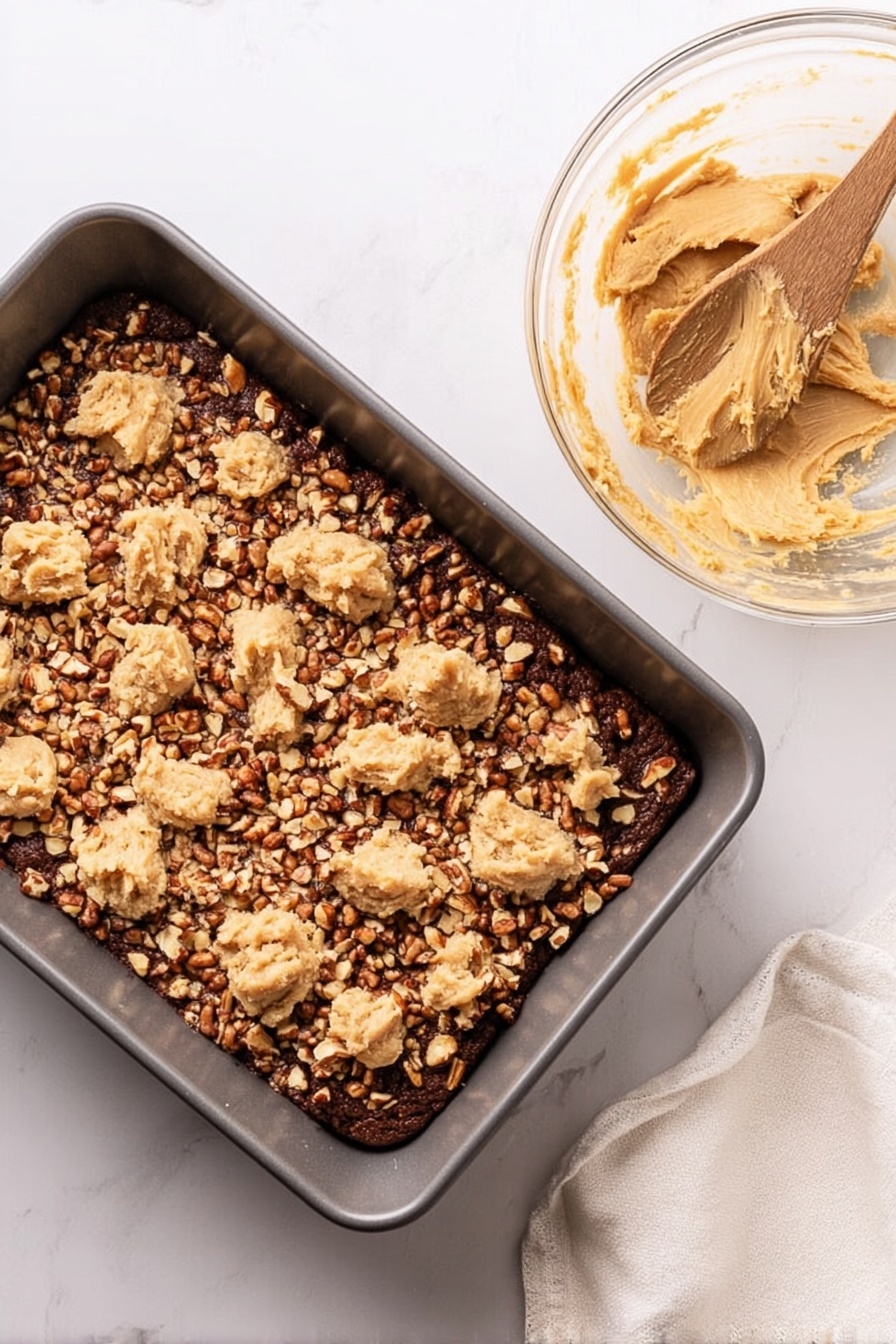 Chocolate Caramel Oat Bars, easy oat caramel bars, decadent chocolate caramel dessert, homemade oat bars, chewy caramel chocolate bars - A dark gray rectangular pan holds a layered dessert with three visible layers: the bottom layer is dark brown, likely chocolate chips, topped with a layer of medium brown nuts scattered evenly, and the top layer is a light tan dough spread unevenly in dollops across the nuts. To the right of the pan, a clear round glass bowl contains some leftover light tan dough with a wooden spoon resting inside. The background is a white marbled surface with a white cloth partially visible in the top right corner. Photo taken with an iphone --ar 2:3 --v 7