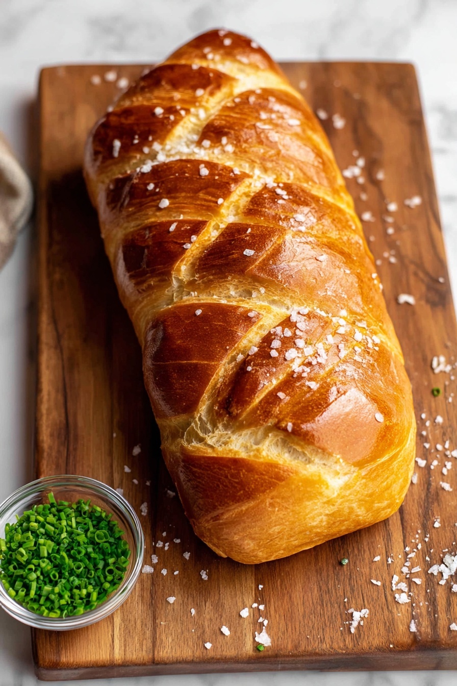 Beef Wellington, Beef Wellington recipe, elegant main course, beef tenderloin wrapped in puff pastry, gourmet dinner ideas - A loaf of golden brown bread with a shiny crust sits in the center of a wooden board, showing five diagonal cuts on top that reveal a lighter dough inside. Coarse salt crystals are sprinkled over the bread and the board, adding texture and sparkle. Near the top left corner of the board, there is a small clear round bowl filled with chopped green chives, providing a fresh contrast in color. The wooden board rests on a white marbled surface, enhancing the warm and natural feel of the scene. photo taken with an iphone --ar 2:3 --v 7