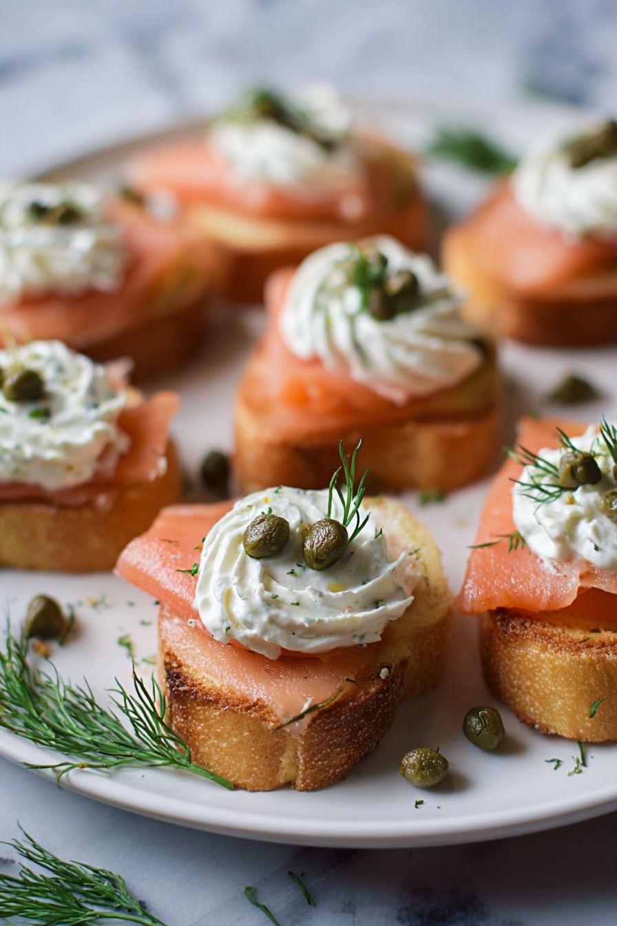 Smoked Salmon Crostini, smoked salmon appetizer, easy party appetizers, elegant canapés, seafood crostini - The image shows small white toasted bread slices as the base layer, each topped with a smooth layer of pink salmon. On top of the salmon, there is a swirl of white cream cheese mixed with herbs, giving a soft and fluffy texture. Each swirl is decorated with a small green caper and a sprig of fresh green dill. The white plate holding the toasts sits on a white marbled surface, with more capers and dill scattered around for decoration. The photo taken with an iphone --ar 2:3 --v 7