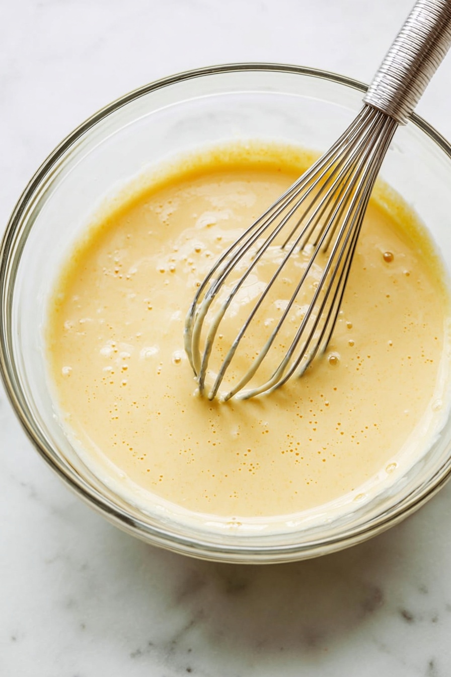 Authentic Italian Zabaglione Wine Custard, Italian dessert with wine, easy zabaglione recipe, silky wine custard, traditional Italian dessert - A clear glass bowl filled with light yellow, creamy batter that has small air bubbles on its surface, showing a smooth and slightly thick texture. Inside the bowl, a metal whisk with thin wires is partially dipped into the batter with some batter coating the wires. The bowl sits on a white marbled surface, creating a clean and bright background. Photo taken with an iphone --ar 2:3 --v 7