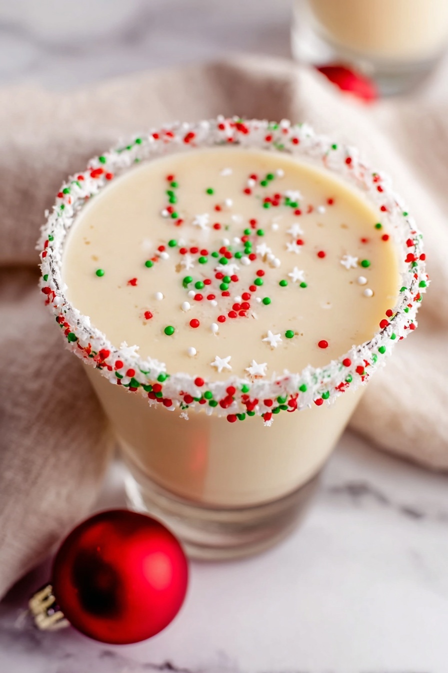 Sugar Cookie Martini, cookie-flavored cocktails, festive dessert drinks, easy holiday cocktails, sweet alcoholic beverages - The image shows a creamy light tan drink in a clear glass with a wide rim. The rim is decorated with white frosting and small red, green, and white round sprinkles all around it. Inside the drink, there are small round and star-shaped sprinkles in red, green, and white floating on the surface. The glass is placed on a white marbled surface with a soft beige cloth underneath. A round red ornament lies near the bottom of the glass, adding to the festive look. The photo taken with an iphone --ar 2:3 --v 7