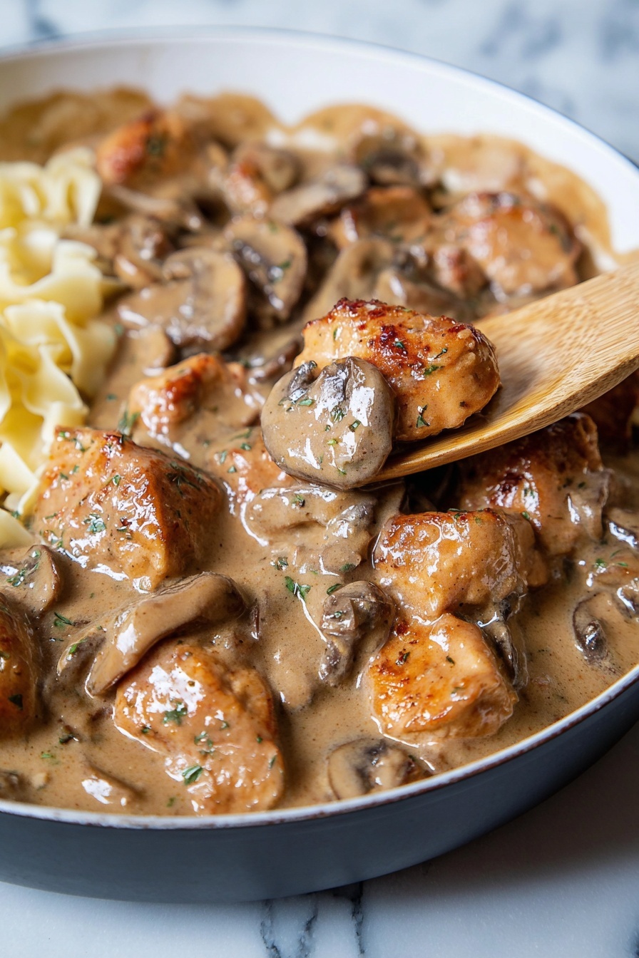 Creamy Chicken Stroganoff, chicken stroganoff recipe, easy chicken stroganoff, weeknight dinner ideas, comforting mushroom chicken - The image shows a close-up of a pan filled with a creamy mushroom and chicken dish. The dish has two main layers: chunks of golden-brown chicken pieces and sliced brown mushrooms, both coated in a thick, light brown cream sauce. The chicken pieces are irregular in shape with a slightly crispy texture, while the mushrooms are soft and mixed throughout. A wooden spoon is partially submerged in the center, lifting some chicken and mushrooms. The pan is black and the background is a white marbled texture. Photo taken with an iphone --ar 2:3 --v 7