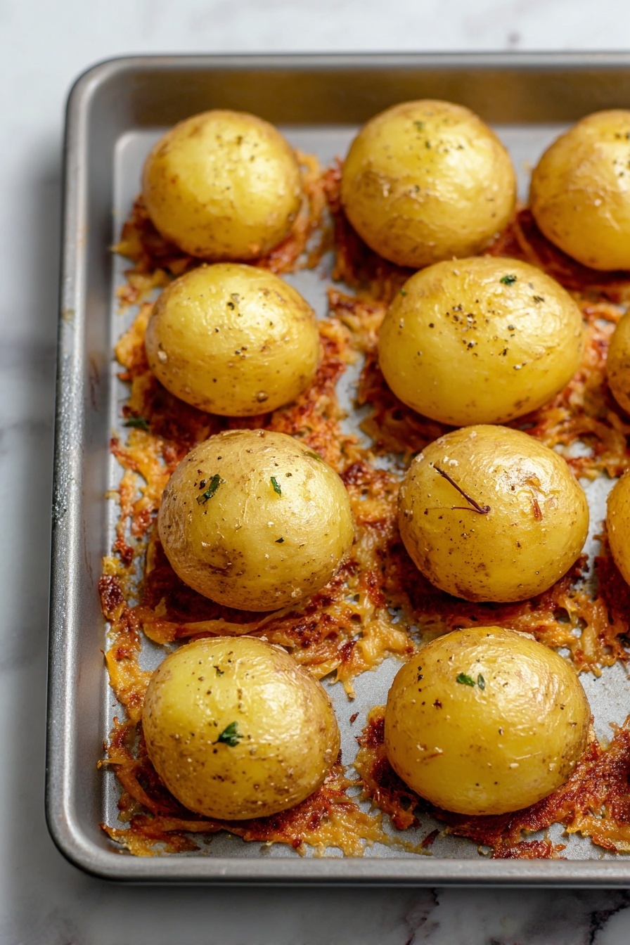 Cheese Crusted Yukon Gold Potatoes, crispy cheesy potato side dish, baked Yukon Gold potatoes with cheese crust, flavorful potato recipes, cheesy roasted potatoes - This image shows half round golden-brown potatoes, nine of them, arranged in three rows on a metal baking tray. Each potato half sits on a crispy, slightly browned orange cheese layer that spreads thinly around the base, creating a textured ring on the tray. The potatoes have a smooth and slightly shiny skin with some herbs and black pepper sprinkled on them. The tray rests on a white marbled surface. The photo is taken with an iphone --ar 2:3 --v 7