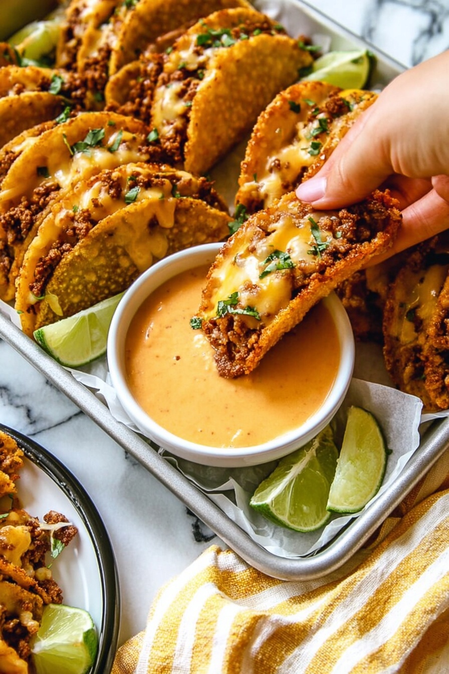 Crispy Baked Beef Tacos with Chipotle Crema, baked beef tacos, easy Mexican dinner, healthy taco recipe, smoky chipotle crema - The image shows small tacos filled with cooked ground meat and melted cheese, garnished with small green herbs on top. The tacos have a golden-brown crispy shell and are arranged close together on a metal tray lined with white paper. In the center of the tray is a small white bowl filled with a smooth, creamy orange dipping sauce. A woman's hand is holding one taco, dipping it into the sauce. In the bottom corner, part of a white plate with a black rim is visible, holding more tacos and lime wedges. A yellow and white striped cloth is placed near the tray on a white marbled surface photo taken with an iphone --ar 2:3 --v 7