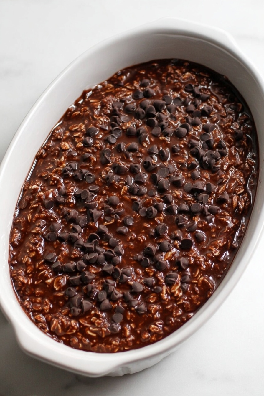 Chocolate Banana Baked Oatmeal, healthy baked oatmeal with chocolate and banana, easy chocolate banana breakfast recipe, hearty banana oatmeal bake, chocolate banana oatmeal dessert - The image shows an oval-shaped white dish filled with a thick, dark brown chocolate oat mixture. The texture is chunky with visible oats mixed in a glossy chocolate sauce. Scattered on top are small, dark chocolate chips that add a slightly raised detail. The dish sits on a white marbled surface, highlighting the rich color of the mixture inside. photo taken with an iphone --ar 2:3 --v 7