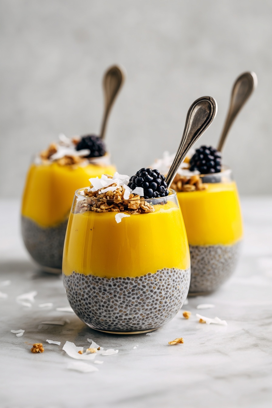 Mango Chia Pudding, healthy mango chia pudding, tropical chia pudding, easy mango chia dessert, quick chia pudding - Three clear glasses filled with two layers are shown on a surface with white marbled texture. The bottom layer is thick with small black chia seeds visible in a light gray creamy mixture, making a speckled pattern. On top is a smooth bright yellow layer, covering the chia seed layer evenly. Each glass is garnished with a small heap of toasted brown granola, white coconut flakes, and a dark black blackberry placed on top. Each glass has a silver spoon standing inside from the back. There is a white cloth on the surface near the front left glass. Photo taken with an iphone --ar 2:3 --v 7