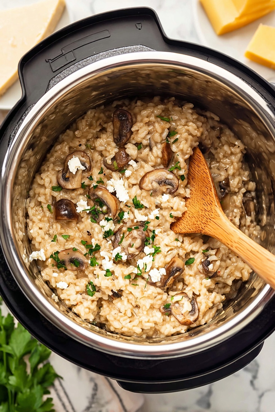 Pressure Cooker Mushroom Risotto, quick mushroom risotto, creamy mushroom risotto, easy pressure cooker recipes, vegetarian pressure cooker dishes - The image shows a close-up of a mushroom risotto inside a shiny stainless steel pot of a kitchen pressure cooker. The risotto is creamy with light beige rice mixed with pieces of cooked brown mushrooms spread evenly throughout. Some small bits of chopped green herbs and crumbled white cheese are sprinkled on top, giving a fresh and textured look. A light brown wooden spoon rests inside the risotto, leaning against the side of the pot. The pot sits on a white marbled surface, with blurred green leaves and chunks of yellow cheese in the background. Photo taken with an iphone --ar 2:3 --v 7