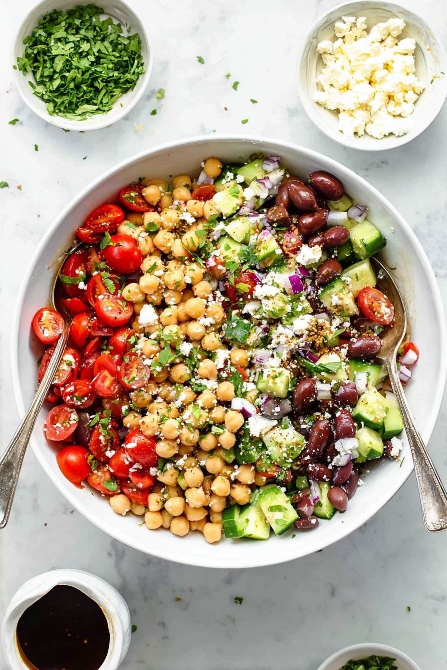 Mediterranean Chickpea Salad, healthy Mediterranean salad, quick vegetarian meals, easy chickpea salad, colorful veggie salad - A large white bowl filled with a colorful chickpea salad, showing three main layers: the bottom layer is beige chickpeas, the middle layer includes bright red cherry tomatoes cut in half, dark purple olives, and small cubes of green cucumber, and the top layer has sprinkled white crumbled cheese and chopped green herbs. Two silver spoons rest inside the bowl, partially submerged in the salad. Around the bowl are three small white bowls, one filled with chopped green herbs and another with white crumbled cheese, sitting on a white marbled surface. A small white container with dark brown dressing is also on the surface near the salad. photo taken with an iphone --ar 2:3 --v 7