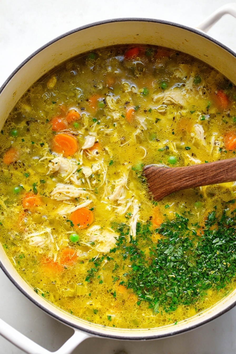 Turmeric Chicken Soup with Coconut Milk, turmeric chicken soup, coconut milk soup recipes, healthy chicken soup, cozy comfort soups - A close-up view of a white pot filled with a yellowish-green chicken soup with visible small pieces of shredded chicken, orange carrot slices, green peas, and diced onion. The soup has a slightly oily surface with chopped green herbs sprinkled on top, especially concentrated along one side. A wooden spoon is partially submerged on the right side, stirring the soup. The pot sits on a white marbled surface visible in the background photo taken with an iphone --ar 2:3 --v 7