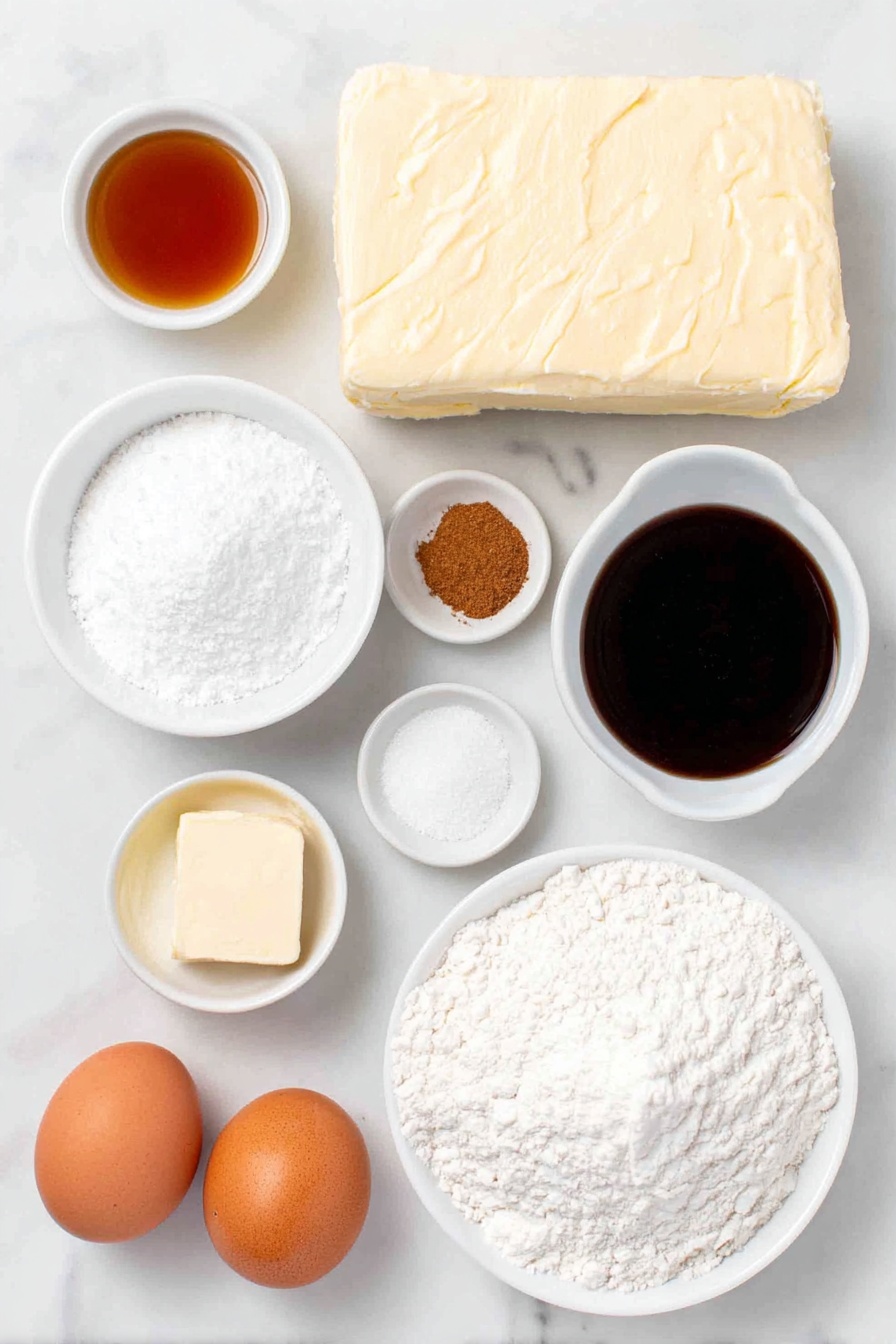 Gingerbread Cheesecake Cookies, holiday cookies with gingerbread and cheesecake, spiced Christmas cookies, festive gingerbread dessert, easy gingerbread cookie treats - Flat lay of cold cream cheese block, a small white ceramic bowl of granulated white sugar, a small white ceramic bowl of vanilla extract, a small white ceramic bowl of granulated white sugar mixed with ground ginger, ground cinnamon, ground allspice, ground nutmeg, and ground cloves, a mound of spooned and leveled all-purpose flour, small piles of ground ginger, ground cinnamon, ground nutmeg, ground allspice, ground cloves, a pinch of salt, a small pile of baking soda, a stick of softened unsalted butter, a small mound of packed light brown sugar, two whole uncracked brown eggs, a small white ceramic bowl of dark unsulphured molasses placed on a clean white marble surface, soft natural light, photo taken with an iPhone, professional food photography style, fresh ingredients, white ceramic bowls, no bottles, no duplicates, no utensils, no packaging --ar 2:3 --v 7 --p m7354615311229779997