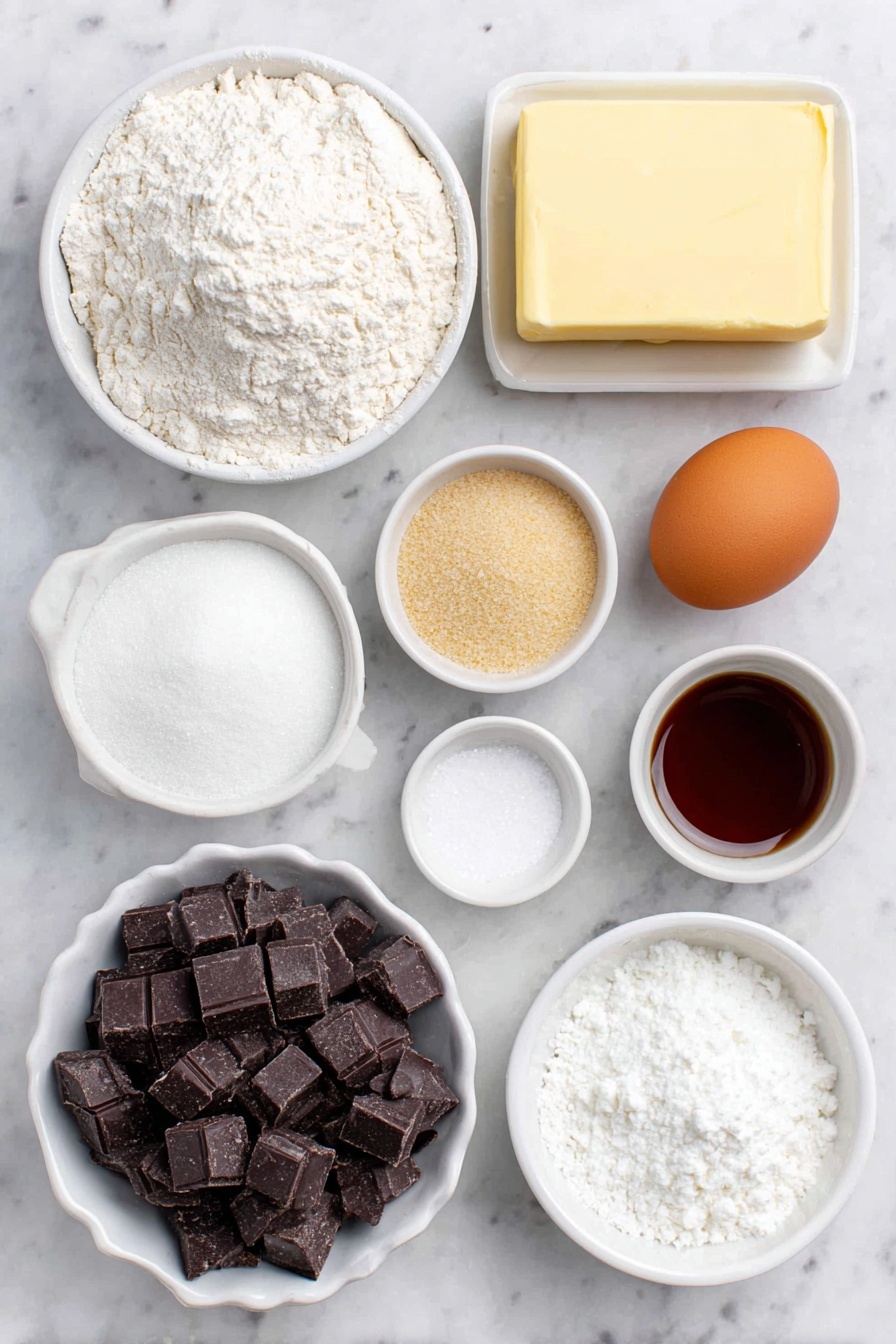 Easy Chocolate Chip Cookies, chocolate chip cookie recipe, homemade chocolate chip cookies, soft and crispy cookies, best chocolate chip cookies - Flat lay of a small mound of all-purpose flour, a small white bowl of baking soda powder, a small white bowl of coarse salt, a slab of pale yellow butter, a small white bowl filled with packed light brown sugar, a small white bowl of white granulated sugar, a small white bowl of glossy vanilla extract, a small white bowl of apple cider vinegar, one whole uncracked brown egg, a white ceramic dish holding a mix of semisweet chocolate chips and chunks, a small white bowl of coarse sea salt, all arranged in perfect symmetry on a clean white marble surface, soft natural light, photo taken with an iPhone, professional food photography style, fresh ingredients, white ceramic bowls, no bottles, no duplicates, no utensils, no packaging --ar 2:3 --v 7 --p m7354615311229779997