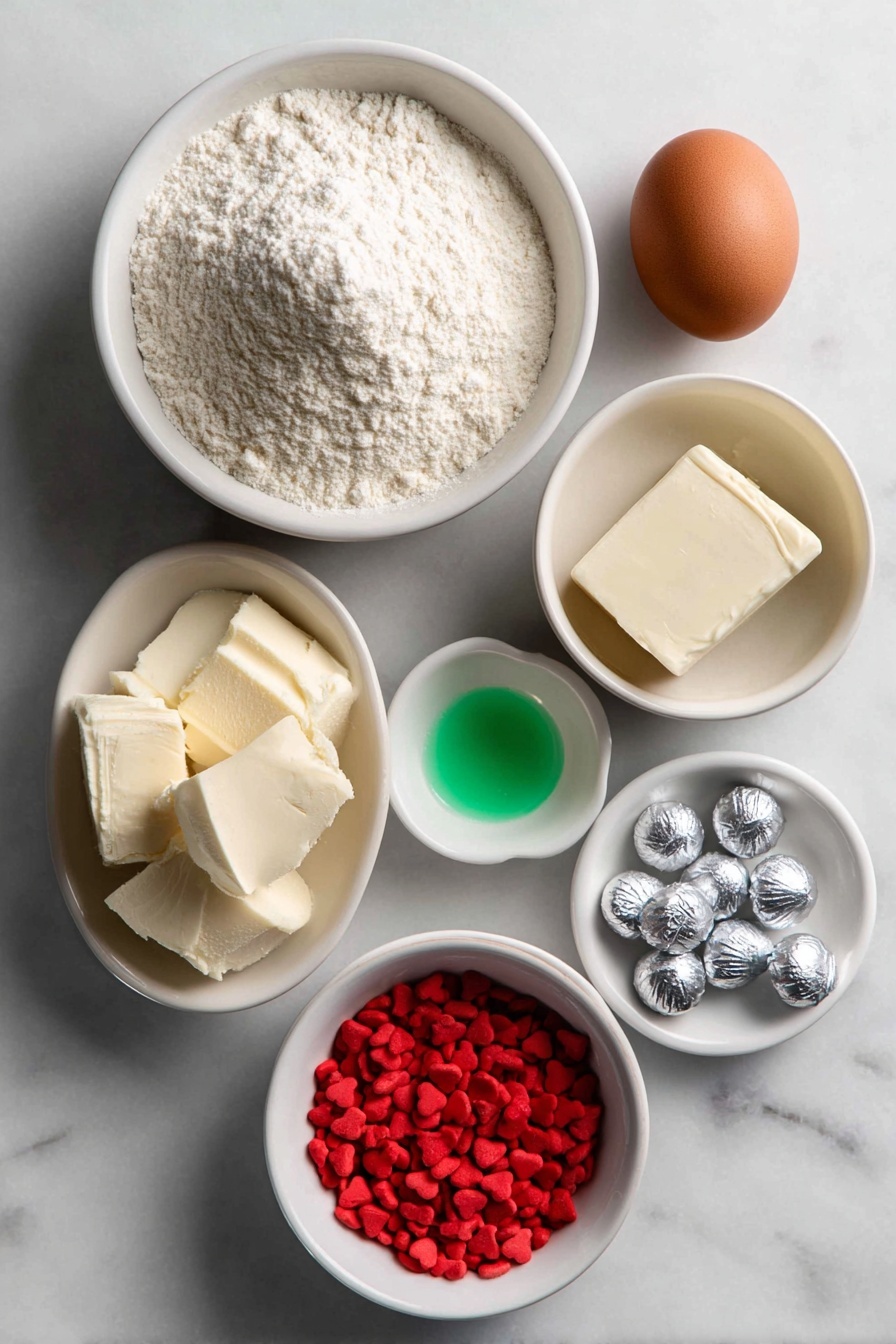 Green Hershey’s Kiss Cookie Cups, Hershey’s Kiss Cookies, festive cookie cups, green holiday cookies, chocolate-filled sugar cookies - Flat lay of a small mound of pale off-white sugar cookie mix, a small white ceramic bowl filled with fine all-purpose flour, a whole large brown egg, a small white ceramic bowl holding soft unsalted butter at room temperature, a tiny dollop of vivid green gel food coloring on a white ceramic dish, a neat pile of shiny silver Hershey’s Kisses, and a small white ceramic bowl containing bright red heart-shaped candy sprinkles, all arranged in perfect symmetry on a clean white marble surface, soft natural light, photo taken with an iPhone, professional food photography style, fresh ingredients, white ceramic bowls, no bottles, no duplicates, no utensils, no packaging --ar 2:3 --v 7 --p m7354615311229779997