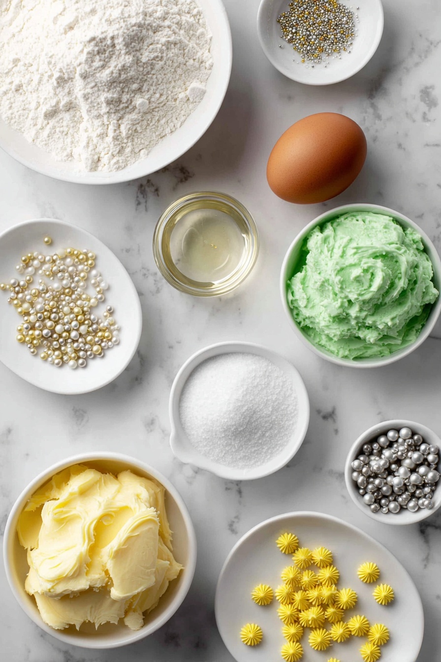 Festive Stacked Christmas Tree Cookies, Christmas cookie decorating ideas, holiday cookie recipes, Christmas baking fun, easy holiday cookie crafts - Flat lay of softened unsalted butter in a small white ceramic bowl, a small white bowl filled with fine white confectioners' sugar, one whole large brown egg with a clean shell, a small white bowl of clear vanilla extract, a modest mound of all-purpose flour on a white ceramic plate, a small white bowl containing fine baking soda powder, a small white bowl holding fine salt crystals, a small white bowl of smooth pale yellow buttercream frosting, a small white bowl filled with bright green buttercream frosting, a scattering of tiny yellow star sprinkles arranged neatly on a white ceramic dish, and small clusters of metallic silver and gold pearl-shaped sprinkles on another white ceramic dish, all ingredients looking fresh and natural, perfectly arranged in balanced symmetry on a clean white marble surface, soft natural light, photo taken with an iPhone, professional food photography style, fresh ingredients, white ceramic bowls, no bottles, no duplicates, no utensils, no packaging --ar 2:3 --v 7 --p m7354615311229779997