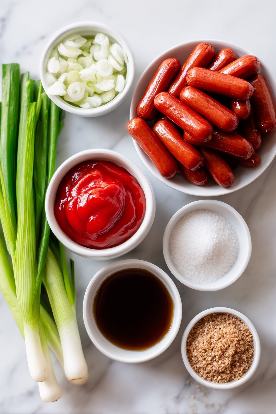 Slow Cooker BBQ Little Smokies, BBQ Little Smokies recipe, easy slow cooker snacks, game day appetizer ideas, smokie sausage appetizer - Flat lay of two packages of small, plump Little Smokies sausage links neatly arranged, a small white bowl filled with bright red tomato ketchup, a small white bowl holding thick dark brown liquid smoke, a small white bowl with coarse brown sugar crystals, a small white bowl containing finely minced white onion, and a handful of fresh green onions with vibrant green tops and white bases, all placed on a clean white marble surface, soft natural light, photo taken with an iPhone, professional food photography style, fresh ingredients, white ceramic bowls, no bottles, no duplicates, no utensils, no packaging --ar 2:3 --v 7 --p m7354615311229779997
