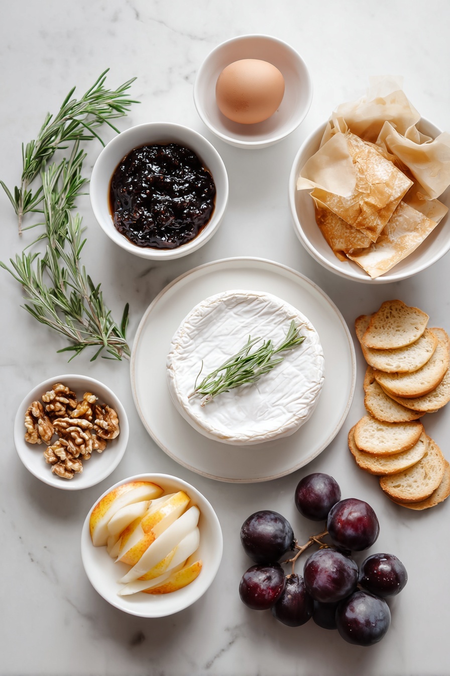 Baked Brie with Jam and Puff Pastry, easy baked brie appetizer, cheesy puff pastry dip, crowd-pleasing party appetizer, quick brie and jam bites - Flat lay of a whole wheel of fresh brie cheese, a square sheet of thawed puff pastry, a small white bowl filled with glossy fig jam, a small white bowl with chopped walnuts, a whole uncracked brown egg, a few sprigs of fresh rosemary, and an assortment of fresh fruit slices and round crostini arranged neatly, all placed on simple white ceramic bowls or plates, perfectly balanced and symmetrical, placed on a clean white marble surface, soft natural light, photo taken with an iPhone, professional food photography style, fresh ingredients, white ceramic bowls, no bottles, no duplicates, no utensils, no packaging --ar 2:3 --v 7 --p m7354615311229779997