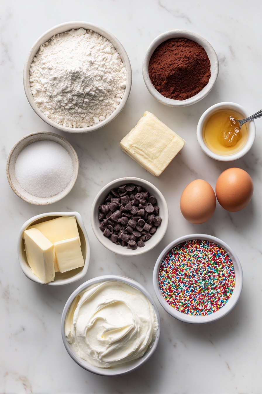 Chocolate Thumbprint Cookies with Ganache, decadent chocolate cookies, chocolate dessert ideas, easy holiday cookies, fudge-filled cookie recipe - Flat lay of a small mound of all-purpose flour, a small heap of Dutch-process cocoa powder, a pinch of fine salt, a small pile of baking powder, a chunk of unsalted butter softened to room temperature, a small heap of packed light brown sugar, a small pile of granulated white sugar, two whole uncracked brown eggs with clean shells, a small white ceramic bowl of vanilla bean paste, a small white ceramic bowl filled with semi-sweet chocolate chips, a small white ceramic bowl containing heavy whipping cream, and a small mound of colorful nonpareil sprinkles arranged symmetrically on a clean white ceramic plate, placed on a clean white marble surface, soft natural light, photo taken with an iPhone, professional food photography style, fresh ingredients, white ceramic bowls, no bottles, no duplicates, no utensils, no packaging --ar 2:3 --v 7 --p m7354615311229779997