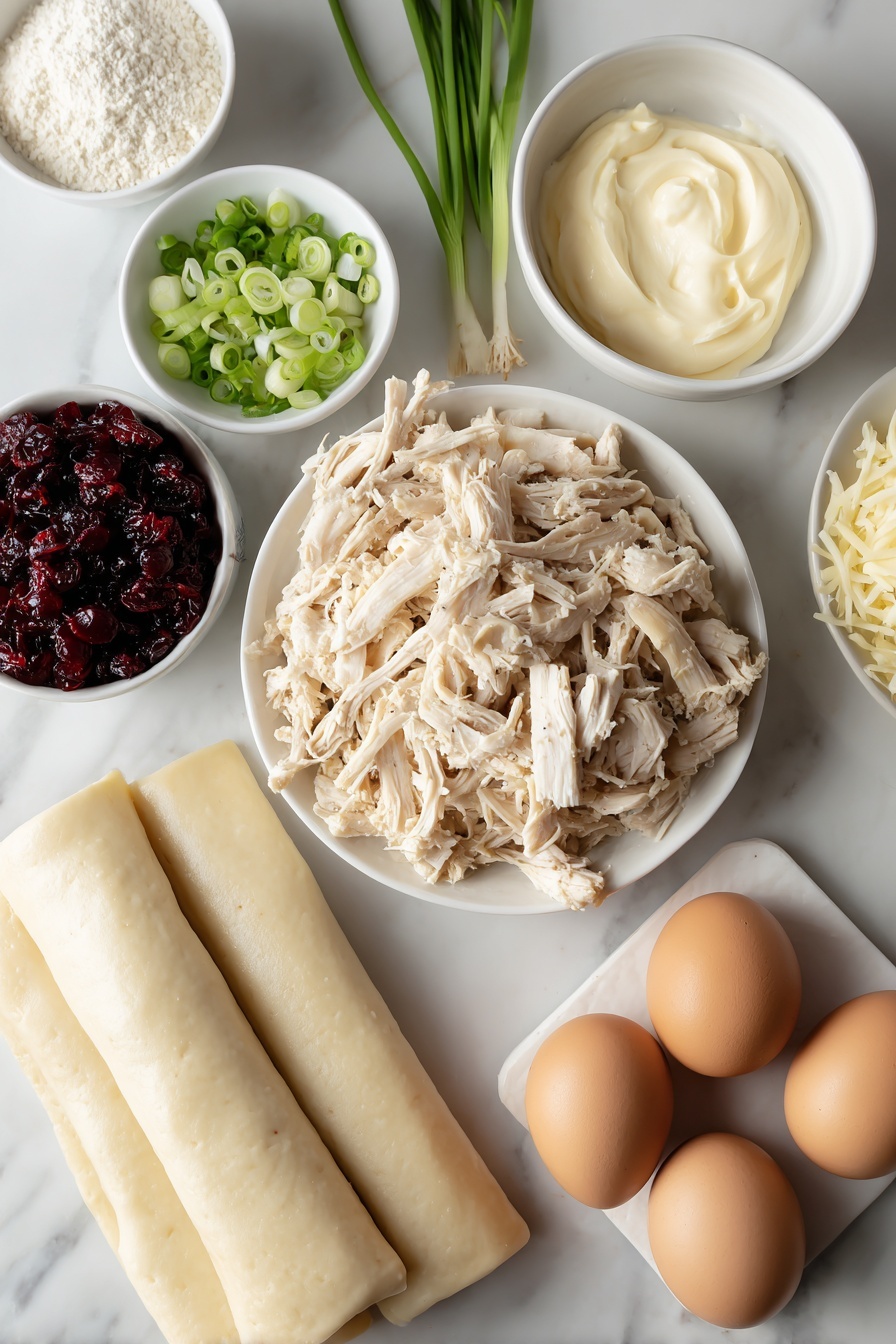 Cranberry Chicken Puffs, savory chicken bites with cranberries, easy holiday appetizers, cheesy chicken puff pastries, quick chicken puff recipes - Flat lay of shredded cooked chicken piled naturally, a small bunch of thinly sliced green onions, a small white ceramic bowl filled with dried cranberries, a small white bowl with freshly grated mozzarella cheese, a small white bowl containing creamy mayonnaise, whole uncracked brown eggs arranged neatly, and a simple white ceramic plate holding smooth, pale crescent roll dough rectangles, all placed on a clean white marble surface, soft natural light, photo taken with an iPhone, professional food photography style, fresh ingredients, white ceramic bowls, no bottles, no duplicates, no utensils, no packaging --ar 2:3 --v 7 --p m7354615311229779997