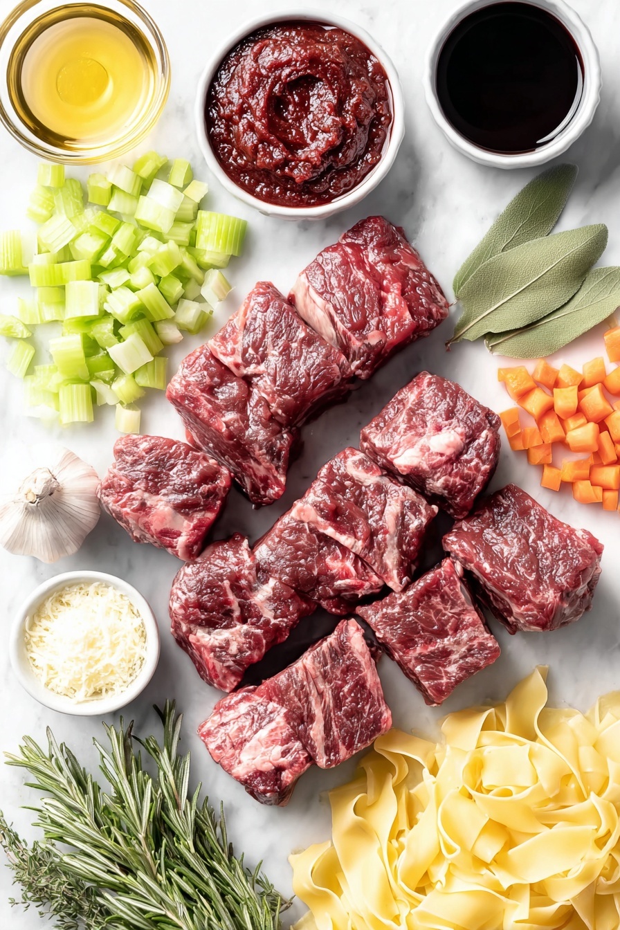 Short Rib Ragu with Pasta, hearty beef ragu, slow-cooked beef pasta, comforting Italian meat sauce, tender short rib pasta dish - Flat lay of fresh, raw beef short ribs cut into thick cubes, a few bright orange carrots diced finely, crisp pale green celery diced finely, a small pile of finely diced white onion, four plump garlic cloves whole and unpeeled, a small white ceramic bowl filled with deep red tomato paste, a small white bowl of dark red wine, a small white bowl of rich beef broth, fresh crushed bright red tomatoes in a small white bowl, a fresh herb bundle of rosemary, thyme, and parsley stems tied together, two smooth bay leaves placed neatly, a small white bowl with clear amber sherry vinegar, a nest of fresh uncooked pappardelle pasta with wide flat ribbons, a handful of fresh curly parsley leaves, a small pile of freshly grated pale yellow Parmigiano Reggiano cheese, all arranged symmetrically on a clean white marble surface, soft natural light, photo taken with an iPhone, professional food photography style, fresh ingredients, white ceramic bowls, no bottles, no duplicates, no utensils, no packaging --ar 2:3 --v 7 --p m7354615311229779997