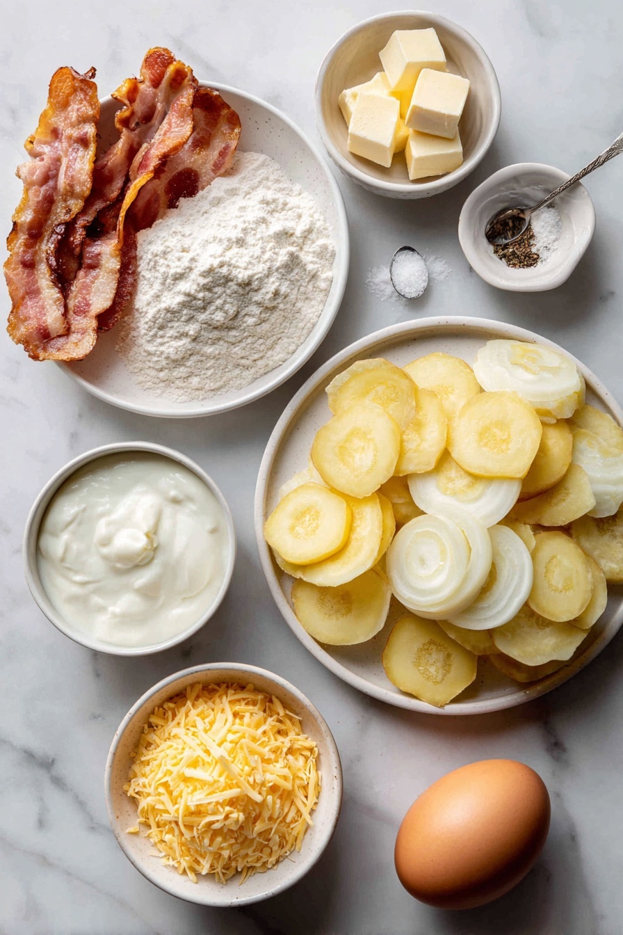 Cheesy Bacon Potato Pie, cheesy bacon potato pie, savory potato pie, bacon and cheese casserole, comfort food recipes - Flat lay of a small mound of pale all-purpose flour, a teaspoon of coarse kosher salt, several small cubes of cold butter with a pale yellow color, a few thin slices of crispy cooked bacon with pinkish-brown edges, a diced large white onion, a pile of thinly sliced yellow Yukon Gold potatoes, a small white bowl filled with thick heavy cream, a pinch of black pepper next to a teaspoon of kosher salt in separate small white bowls, a small heap of shredded sharp cheddar cheese, and a single whole brown egg with a smooth clean shell, all arranged symmetrically on a clean white ceramic plate and small white ceramic bowls placed on a clean white marble surface, soft natural light, photo taken with an iPhone, professional food photography style, fresh ingredients, white ceramic bowls, no bottles, no duplicates, no utensils, no packaging --ar 2:3 --v 7 --p m7354615311229779997