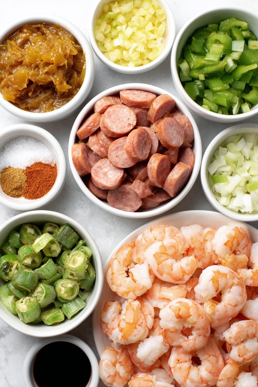 Shrimp and Sausage Gumbo, Louisiana gumbo, hearty gumbo recipe, Cajun seafood stew, easy shrimp and sausage gumbo - Flat lay of a small white ceramic bowl of golden-brown roux, a small white bowl of avocado oil, a small white bowl of all purpose flour, diced yellow onion in a simple white ceramic bowl, diced green bell pepper in a white bowl, chopped celery stalks in a white bowl, four whole uncracked garlic cloves, sliced andouille sausage pieces arranged on a white ceramic plate, a small white bowl of Cajun seasoning powder, a small white bowl of salt, a small white bowl of cayenne powder, a simple white bowl filled with rich reddish fire-roasted diced tomatoes, two fresh bay leaves, a small white bowl of coconut aminos, one pound of raw, peeled and deveined large shrimp neatly arranged on a white ceramic plate, a small white bowl of frozen okra, and finely sliced green onions in a white bowl, all ingredients fresh and natural, perfectly balanced and symmetrical, placed on a clean white marble surface, soft natural light, photo taken with an iPhone, professional food photography style, fresh ingredients, white ceramic bowls, no bottles, no duplicates, no utensils, no packaging --ar 2:3 --v 7 --p m7354615311229779997