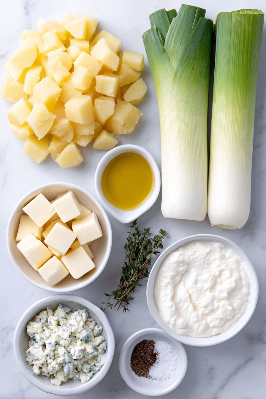 Creamy Leek and Potato Soup, leek and potato soup, comforting potato leek soup, easy creamy soup recipe, silky vegetable soup - Flat lay of a small mound of peeled and chopped Yukon gold potatoes in ½ inch cubes, two medium leeks halved and sliced showing clean white and light green parts, a few fresh thyme sprigs with delicate green leaves, a small white bowl of golden olive oil, a small white bowl of unsalted butter chunks, a small white bowl filled with thick heavy cream, a small white bowl containing coarse kosher salt crystals, a small white bowl with ground black pepper, and a small white bowl of clear vegetable stock, all arranged with perfect symmetry on a clean white marble surface, soft natural light, photo taken with an iPhone, professional food photography style, fresh ingredients, white ceramic bowls, no bottles, no duplicates, no utensils, no packaging --ar 2:3 --v 7 --p m7354615311229779997
