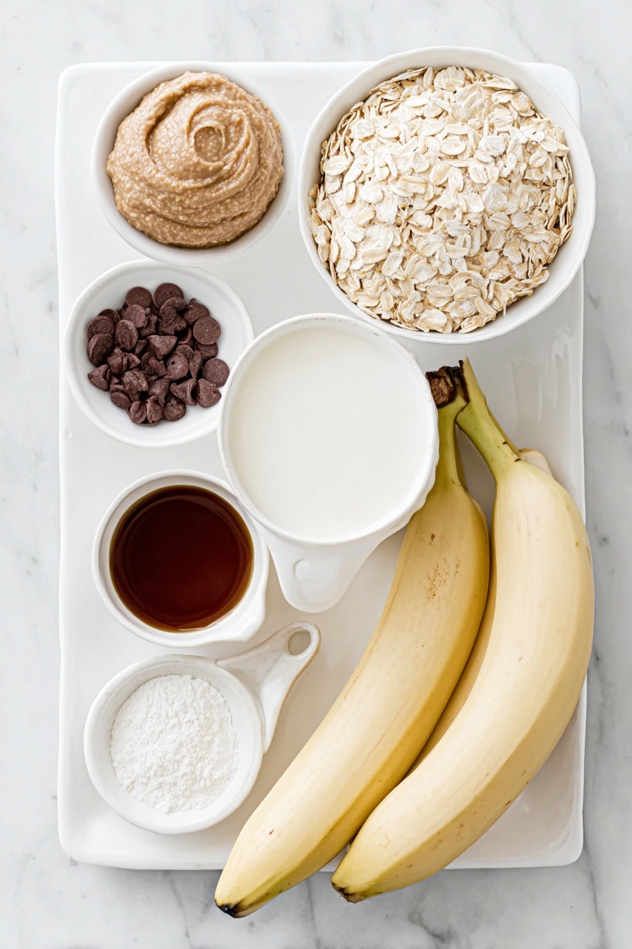 Chocolate Banana Baked Oatmeal, healthy baked oatmeal with chocolate and banana, easy chocolate banana breakfast recipe, hearty banana oatmeal bake, chocolate banana oatmeal dessert - Flat lay of two ripe bananas, a small mound of cashew butter on a white ceramic plate, a small white bowl filled with unsweetened almond milk, a small white bowl holding pure maple syrup, a small white bowl containing vanilla extract, a neat pile of rolled oats, a small white bowl with unsweetened cocoa powder, a small white bowl of baking powder, a small pinch of salt on a white ceramic dish, and a few chocolate chips scattered on a white ceramic plate, all arranged in perfect symmetry, placed on a clean white marble surface, soft natural light, photo taken with an iPhone, professional food photography style, fresh ingredients, white ceramic bowls, no bottles, no duplicates, no utensils, no packaging --ar 2:3 --v 7 --p m7354615311229779997