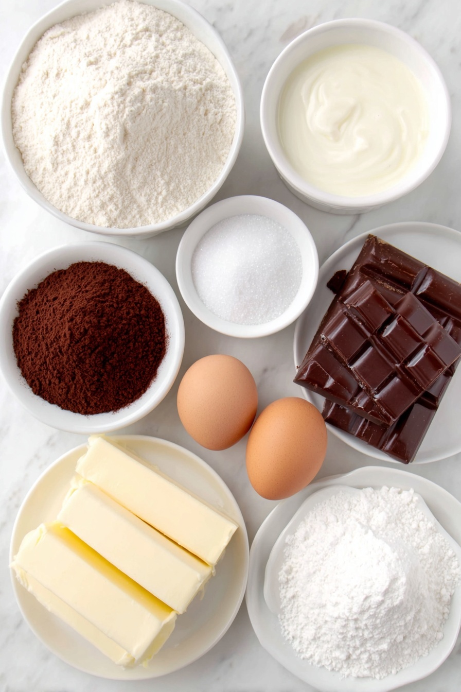 Texas Sheet Cake with Chocolate Frosting, Southern chocolate cake recipe, easy chocolate sheet cake, moist chocolate cake, chocolate dessert for sharing - Flat lay of a small mound of all-purpose flour, a small heap of granulated sugar, a teaspoon of baking soda granules, a pinch of salt crystals, a small white bowl of buttermilk, two large whole brown eggs with clean shells, a small white bowl of vanilla extract, two sticks of unsalted butter stacked side by side, four tablespoons of rich dark cocoa powder neatly spread, a small white bowl of water, a small white bowl of confectioners sugar, all arranged with perfect symmetry in simple white ceramic bowls and plates, placed on a clean white marble surface, soft natural light, photo taken with an iPhone, professional food photography style, fresh ingredients, white ceramic bowls, no bottles, no duplicates, no utensils, no packaging --ar 2:3 --v 7 --p m7354615311229779997