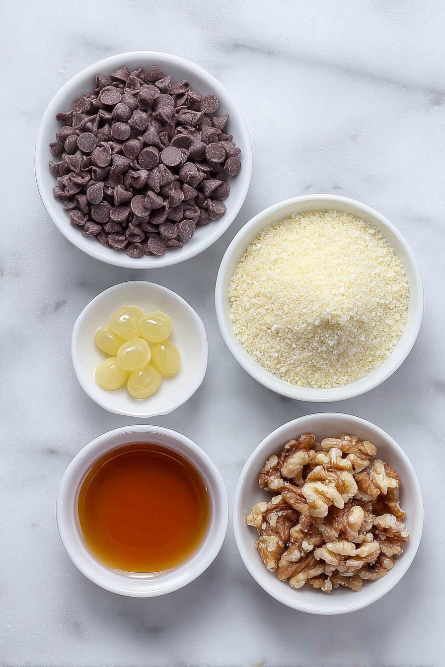 Quick Bourbon Balls, Bourbon Balls recipe, easy bourbon candies, quick holiday desserts, no-bake boozy treats - Flat lay of a small pile of semisweet chocolate chips, a few golden honey drops in a small white ceramic bowl, finely ground vanilla wafer crumbs in a neat mound, finely ground walnuts in a small white ceramic bowl alongside a separate small white ceramic bowl with more ground walnuts for rolling, and a small white ceramic bowl with amber bourbon whiskey, all ingredients fresh and natural, perfectly arranged with balanced spacing and symmetry, placed on a clean white marble surface, soft natural light, photo taken with an iPhone, professional food photography style, fresh ingredients, white ceramic bowls, no bottles, no duplicates, no utensils, no packaging --ar 2:3 --v 7 --p m7354615311229779997