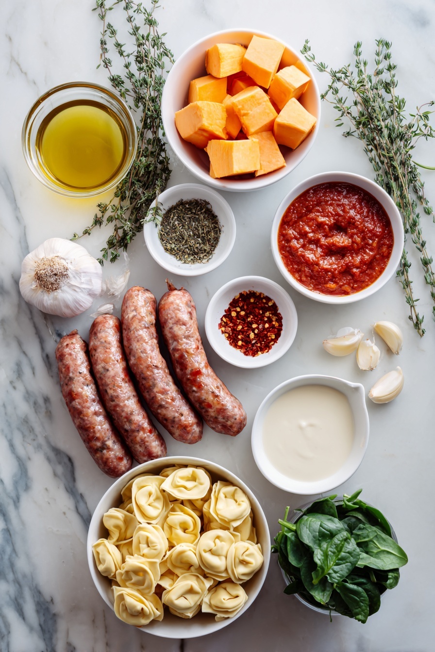 Creamy Sausage Tortellini Soup, hearty sausage tortellini soup, easy sausage tortellini soup recipe, comforting creamy tortellini soup, quick sausage tortellini dinner - Flat lay of fresh spicy Italian sausage links, a small white bowl of golden olive oil, a small white bowl with mixed Italian seasoning herbs, a vibrant orange peeled and cubed large sweet potato, five peeled garlic cloves, a small white bowl with red pepper flakes, a small white bowl of rich red tomato paste, a small white bowl filled with clear water, a neat pile of fresh three-cheese tortellini pasta, a small pile of fresh green spinach leaves, a small white bowl filled with thick heavy cream, and several sprigs of fresh thyme placed on a clean white marble surface, soft natural light, photo taken with an iPhone, professional food photography style, fresh ingredients, white ceramic bowls, no bottles, no duplicates, no utensils, no packaging --ar 2:3 --v 7 --p m7354615311229779997