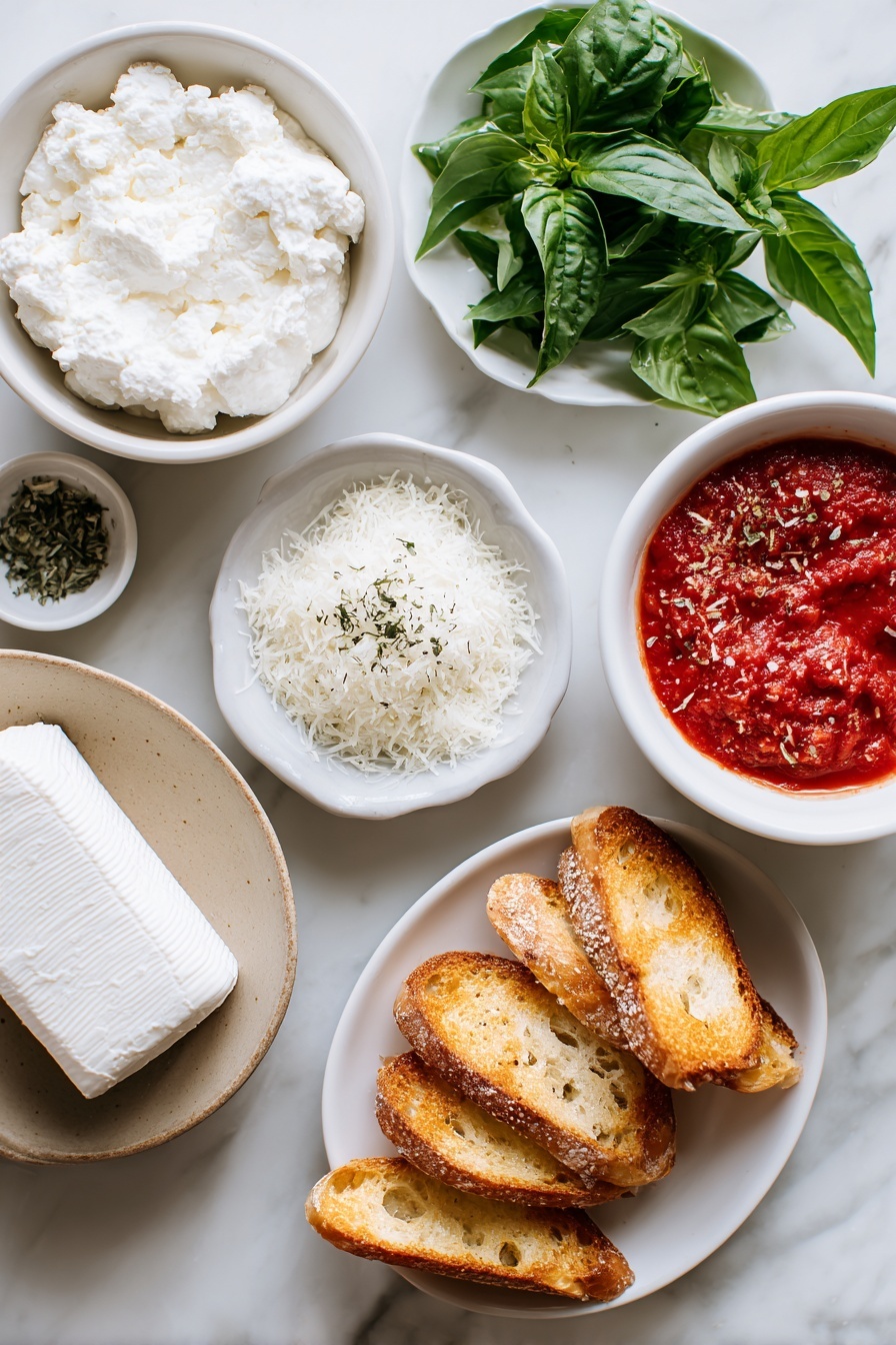 Baked Goat Cheese and Marinara Dip, goat cheese appetizer, creamy baked dip, easy party appetizers, cheesy tomato dip - Flat lay of fresh goat cheese log, soft cream cheese in a small white bowl, a small white bowl filled with freshly grated Parmesan cheese, dried basil sprinkled neatly on a white ceramic plate, a small white bowl of bright red marinara sauce, a pinch of coarse kosher salt arranged artfully on a white dish, fresh green basil leaves loosely stacked, several toasted golden crostini slices arranged in a fan shape on a white plate, placed on a clean white marble surface, soft natural light, photo taken with an iPhone, professional food photography style, fresh ingredients, white ceramic bowls, no bottles, no duplicates, no utensils, no packaging --ar 2:3 --v 7 --p m7354615311229779997