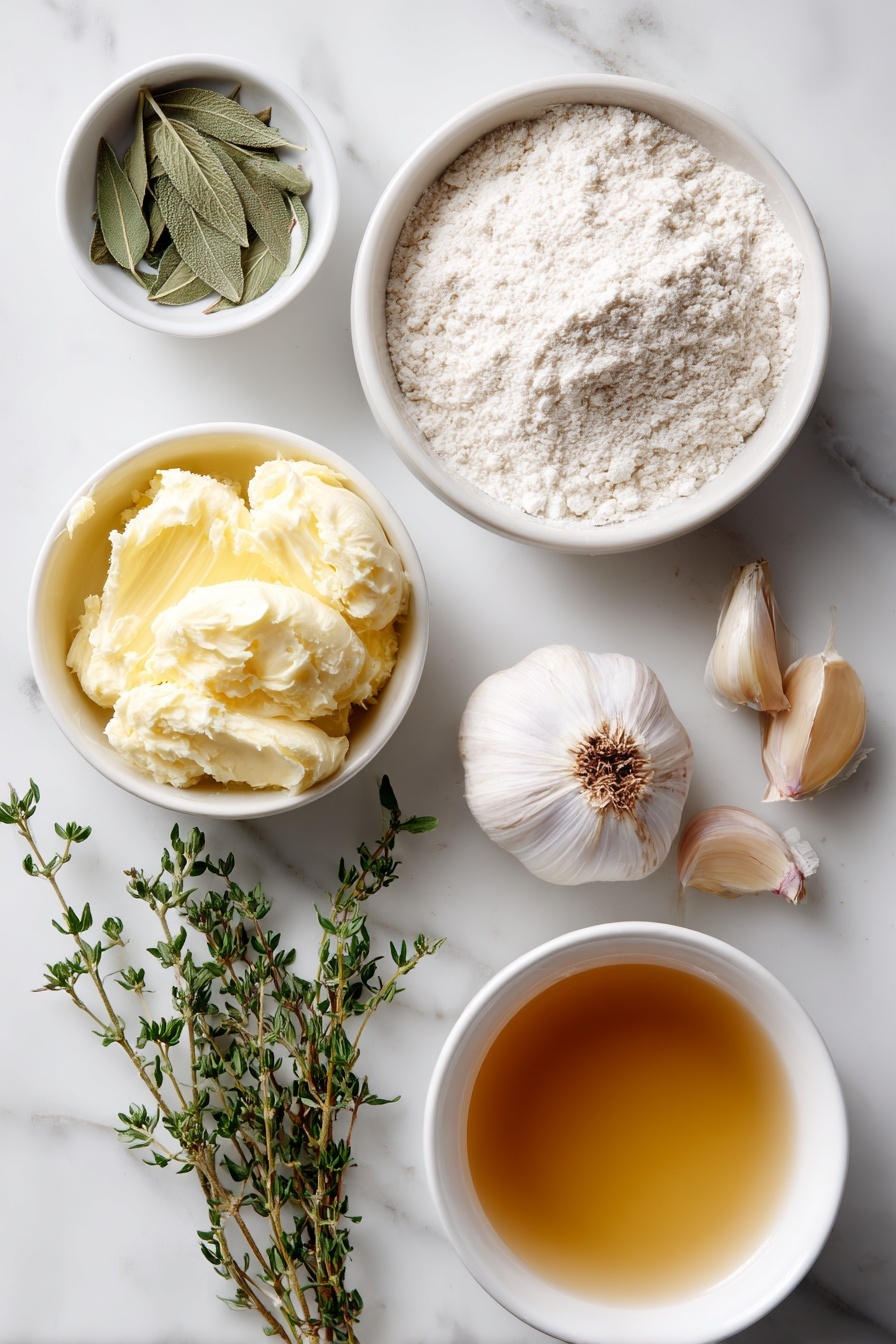 Easy Turkey Gravy, Turkey Gravy Recipe, How to Make Turkey Gravy, Homemade Turkey Gravy, Rich Turkey Gravy - Flat lay of a small white ceramic bowl of softened golden butter, a small white bowl with dried sage leaves, a few fresh thyme sprigs with tiny green leaves, one whole garlic bulb with one clove separated and peeled, a small white bowl filled with pale all-purpose flour, a small white bowl containing rich golden turkey stock, all arranged with perfect symmetry and balanced proportions, placed on a clean white marble surface, soft natural light, photo taken with an iPhone, professional food photography style, fresh ingredients, white ceramic bowls, no bottles, no duplicates, no utensils, no packaging --ar 2:3 --v 7 --p m7354615311229779997