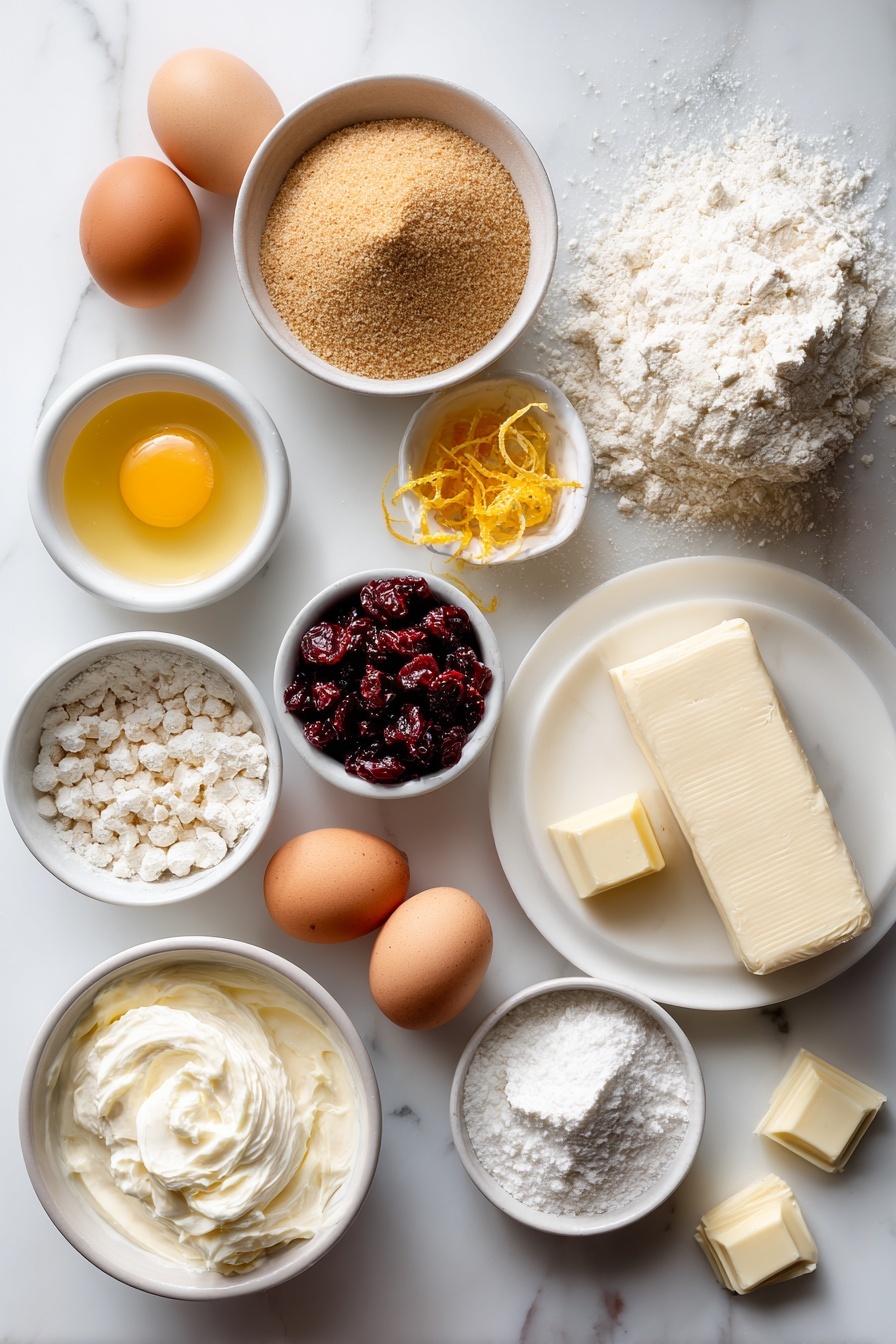 Cranberry White Chocolate Bliss Bars, festive dessert recipes, easy holiday treats, cranberry and white chocolate bars, no-bake holiday desserts - Flat lay of a small mound of light brown sugar, a few whole uncracked brown eggs, a small pile of all-purpose flour, a small heap of white chocolate chips, a few dried cranberries scattered, two small white bowls—one with melted unsalted butter, one with vanilla extract, a few strips of fresh orange zest, a block of brick-style full-fat cream cheese, a small mound of powdered sugar, a small white bowl with whipping cream, and a few small chunks of white baking chocolate placed on a simple white ceramic plate, all arranged with perfect symmetry, placed on a clean white marble surface, soft natural light, photo taken with an iPhone, professional food photography style, fresh ingredients, white ceramic bowls, no bottles, no duplicates, no utensils, no packaging --ar 2:3 --v 7 --p m7354615311229779997