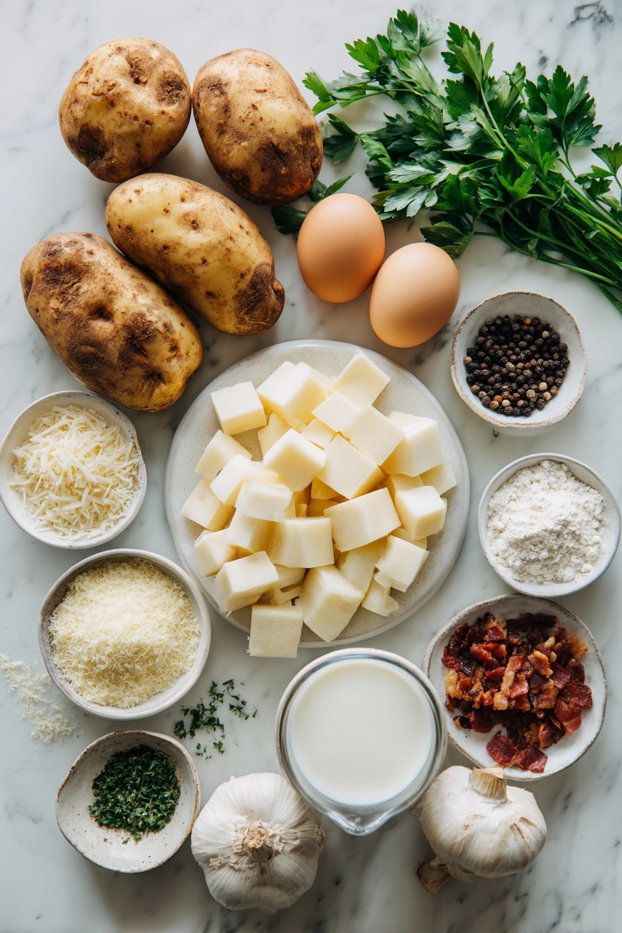 Crispy Potato Cheese Balls, cheesy appetizer recipes, easy snack ideas, crispy potato snacks, mozzarella stuffed potato bites - Flat lay of two large russet potatoes peeled and chunky cut, a small white bowl of milk, a few pinches of coarse salt scattered, a small pile of black peppercorns, a small heap of garlic powder, a small mound of crumbled crispy bacon bits, mozzarella cheese block cut into half-inch cubes arranged neatly, a small white bowl filled with all-purpose flour, two whole uncracked brown eggs, a small white bowl of panko breadcrumbs mixed with dried parsley, and a few fresh parsley sprigs arranged symmetrically, all placed on a clean white marble surface, soft natural light, photo taken with an iPhone, professional food photography style, fresh ingredients, white ceramic bowls, no bottles, no duplicates, no utensils, no packaging --ar 2:3 --v 7 --p m7354615311229779997