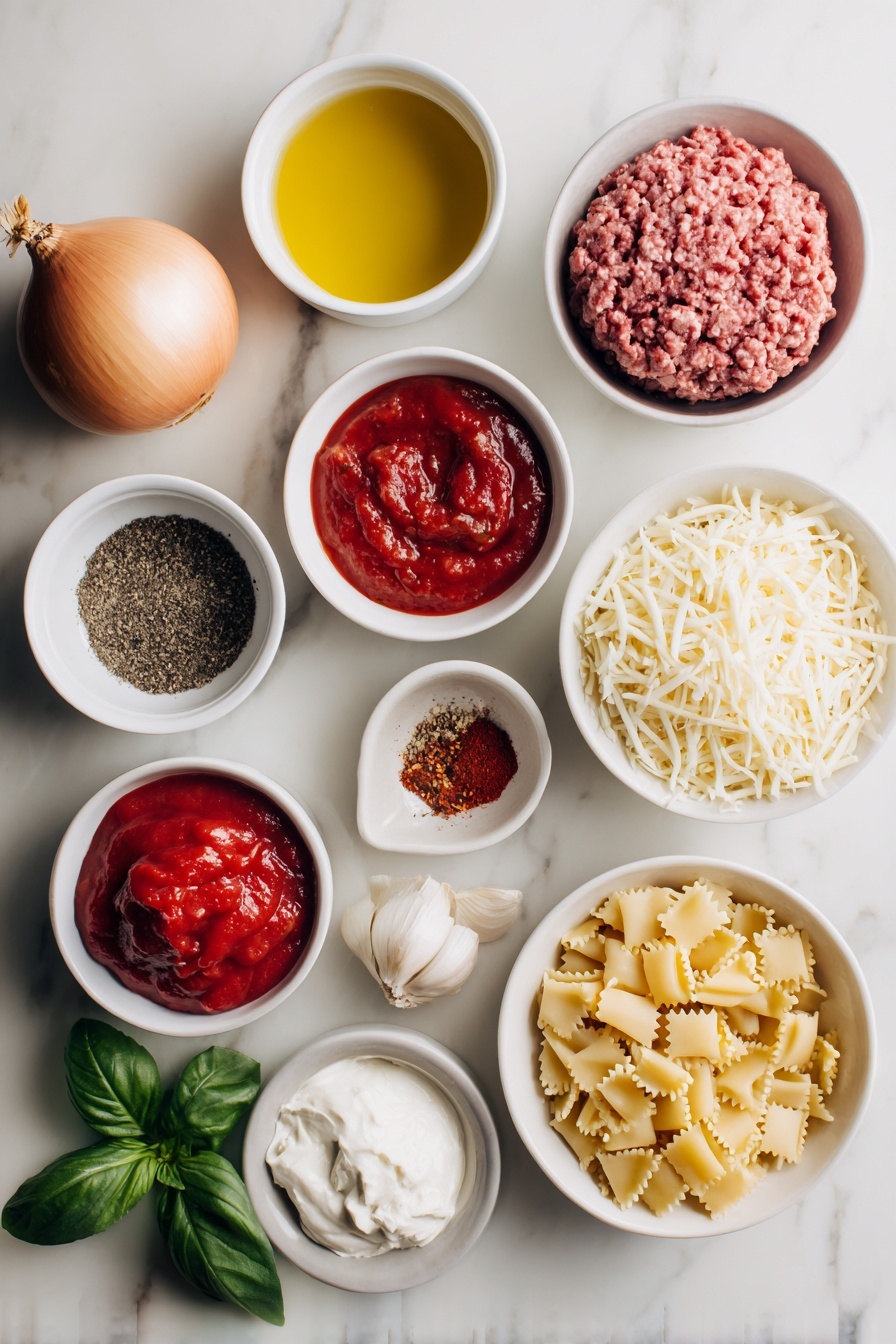 Easy Homemade Lasagna Hamburger Helper, creamy lasagna skillet meal, quick lasagna dinner, cheesy hamburger casserole, one-pot lasagna recipe - Flat lay of a small white ceramic bowl filled with extra virgin olive oil, a whole small yellow onion with its papery skin partially peeled, a mound of fresh lean ground beef, a small white bowl with coarse kosher salt, another small white bowl with whole black peppercorns, a small white bowl holding thick red tomato paste, two whole cloves of fresh garlic, a small white bowl containing dried Italian seasoning blend, a small white bowl with red pepper flakes, a simple white ceramic bowl heaped with crushed ripe red tomatoes, a white ceramic bowl filled with rich beef broth, a neat pile of uncooked mini lasagna-shaped pasta pieces, a small white bowl with shredded mozzarella cheese, a small white bowl with grated parmesan cheese, a small white bowl holding creamy whole milk ricotta cheese, and a few sprigs of fresh green basil arranged carefully, all placed on a clean white marble surface, soft natural light, photo taken with an iPhone, professional food photography style, fresh ingredients, white ceramic bowls, no bottles, no duplicates, no utensils, no packaging --ar 2:3 --v 7 --p m7354615311229779997