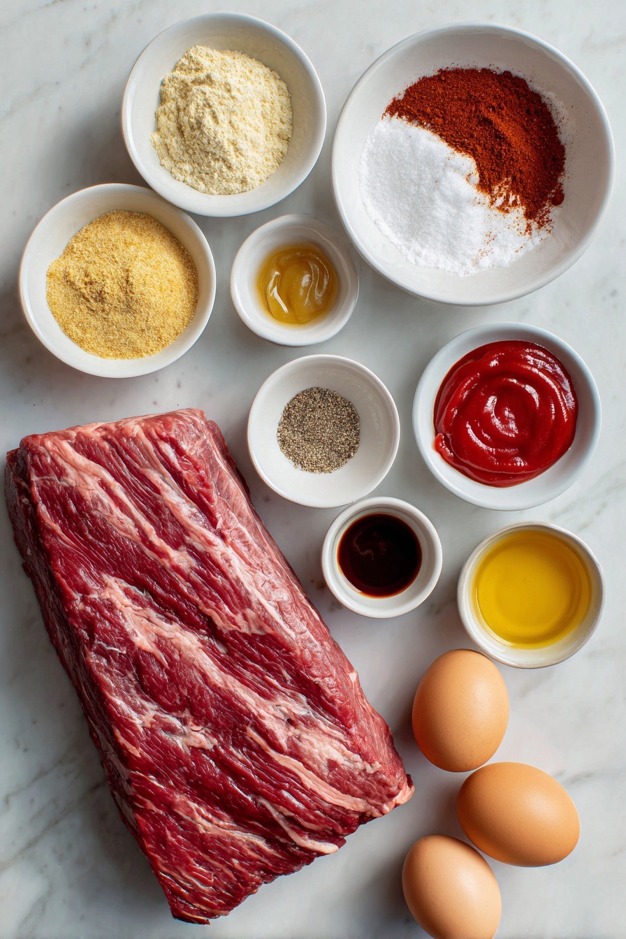 Slow Cooker Honey BBQ Beef Brisket, slow cooker beef brisket with honey bbq, tender beef brisket recipes, easy slow cooker beef dinner, smoky sweet BBQ brisket - Flat lay of a whole raw beef brisket with visible marbling, a small pile of reddish-brown chili powder, a heap of pale yellow garlic powder, a mound of coarse white salt crystals, a small heap of ground black pepper, a small white ceramic bowl of bright red ketchup, a small white bowl of dark glossy molasses, a small white bowl of golden honey, a small white bowl of light brown soft brown sugar, a small white bowl of deep brown Worcestershire sauce, a small white bowl of smooth pale yellow Dijon mustard, a small white bowl of clear light amber apple cider vinegar, a small white bowl of clear cold water mixed with fine white cornstarch powder, two whole uncracked brown eggs arranged symmetrically — all ingredients fresh and natural, balanced composition, placed on a clean white marble surface, soft natural light, photo taken with an iPhone, professional food photography style, fresh ingredients, white ceramic bowls, no bottles, no duplicates, no utensils, no packaging --ar 2:3 --v 7 --p m7354615311229779997