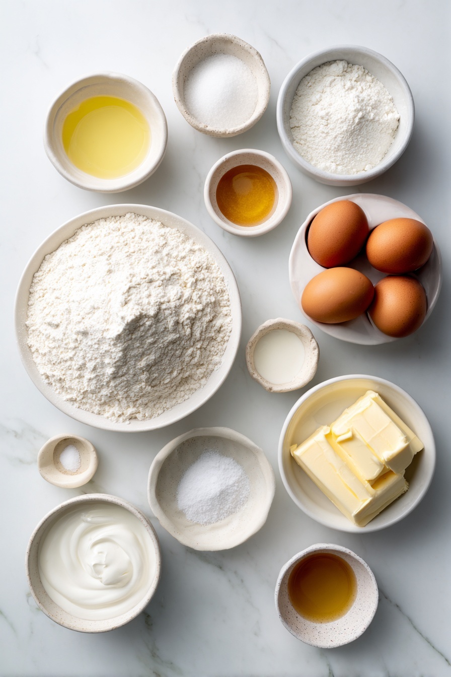 Vanilla Cake, Vanilla Cake Recipe, Classic Vanilla Cake, Fluffy Vanilla Cake, Moist Vanilla Cake - Flat lay of a small mound of white all-purpose flour, a small white ceramic bowl filled with fine white cornstarch, a small white ceramic bowl with white granulated sugar, a small white ceramic bowl holding pale yellow vegetable oil, a small white ceramic bowl containing thick white buttermilk, three whole brown eggs with clean shells, a small white ceramic bowl with golden unsalted butter, a small white ceramic bowl of powdered sugar, a small white ceramic bowl with milky cream, a small white ceramic bowl with clear white vinegar, a small white ceramic bowl with light amber vanilla extract, and a small pinch of fine white baking powder and baking soda arranged neatly on a clean white marble surface, soft natural light, photo taken with an iPhone, professional food photography style, fresh ingredients, white ceramic bowls, no bottles, no duplicates, no utensils, no packaging --ar 2:3 --v 7 --p m7354615311229779997