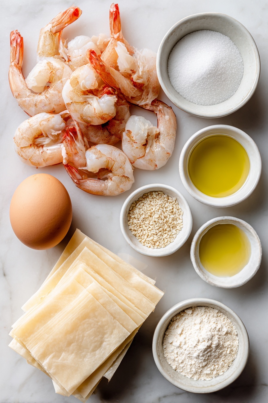 Crispy Fried Shrimp Balls, shrimp appetizer, seafood snack, fried shrimp bites, party appetizer - Flat lay of a small heap of fresh peeled and deveined raw shrimp, a single whole uncracked brown egg, a small white ceramic bowl of fine white sugar, a small white ceramic bowl filled with white cornstarch powder, a small white ceramic bowl containing light golden sesame oil, a small white ceramic bowl holding clear cooking oil, a few delicate white peppercorns scattered neatly, and several neatly stacked square spring roll wrappers placed beside some thinly cut spring roll wrapper strips, arranged symmetrically on a clean white marble surface, soft natural light, photo taken with an iPhone, professional food photography style, fresh ingredients, white ceramic bowls, no bottles, no duplicates, no utensils, no packaging --ar 2:3 --v 7 --p m7354615311229779997