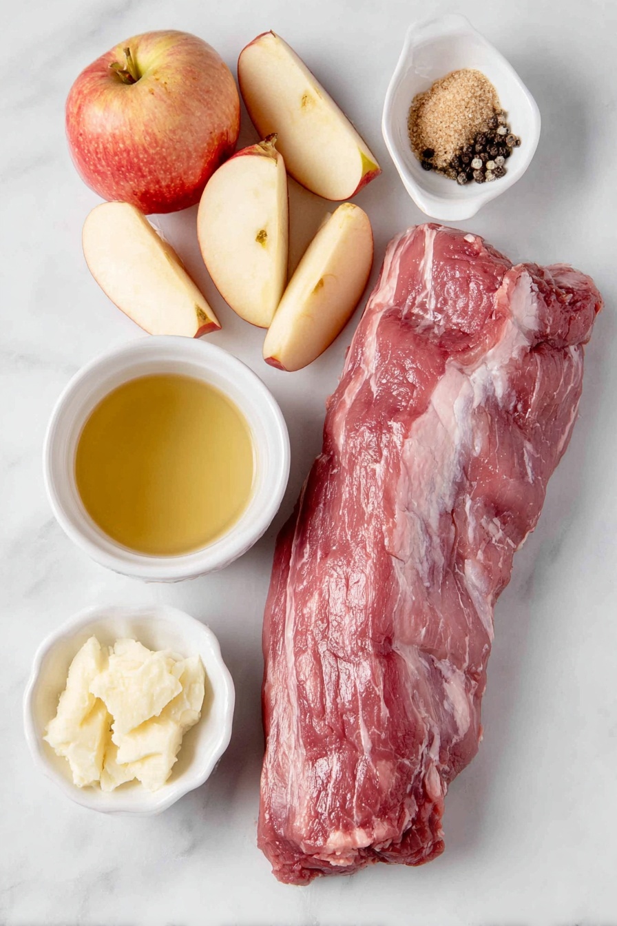 Brown Sugar Pork and Apples, pork and apple skillet, sweet and savory pork dinner, easy pork skillet recipe, comforting weeknight dinner - Flat lay of a whole fresh pork tenderloin, two medium crisp apples sliced into wedges, a few cloves of minced garlic loosely arranged, a small mound of light brown granular brown sugar, a small white ceramic bowl with smooth golden oil, a small white ceramic bowl with creamy pale yellow Dijon mustard, a small white ceramic bowl filled with clear golden apple juice, a small pile of coarse salt and a few whole black peppercorns scattered neatly, all placed on a clean white marble surface, soft natural light, photo taken with an iPhone, professional food photography style, fresh ingredients, white ceramic bowls, no bottles, no duplicates, no utensils, no packaging --ar 2:3 --v 7 --p m7354615311229779997