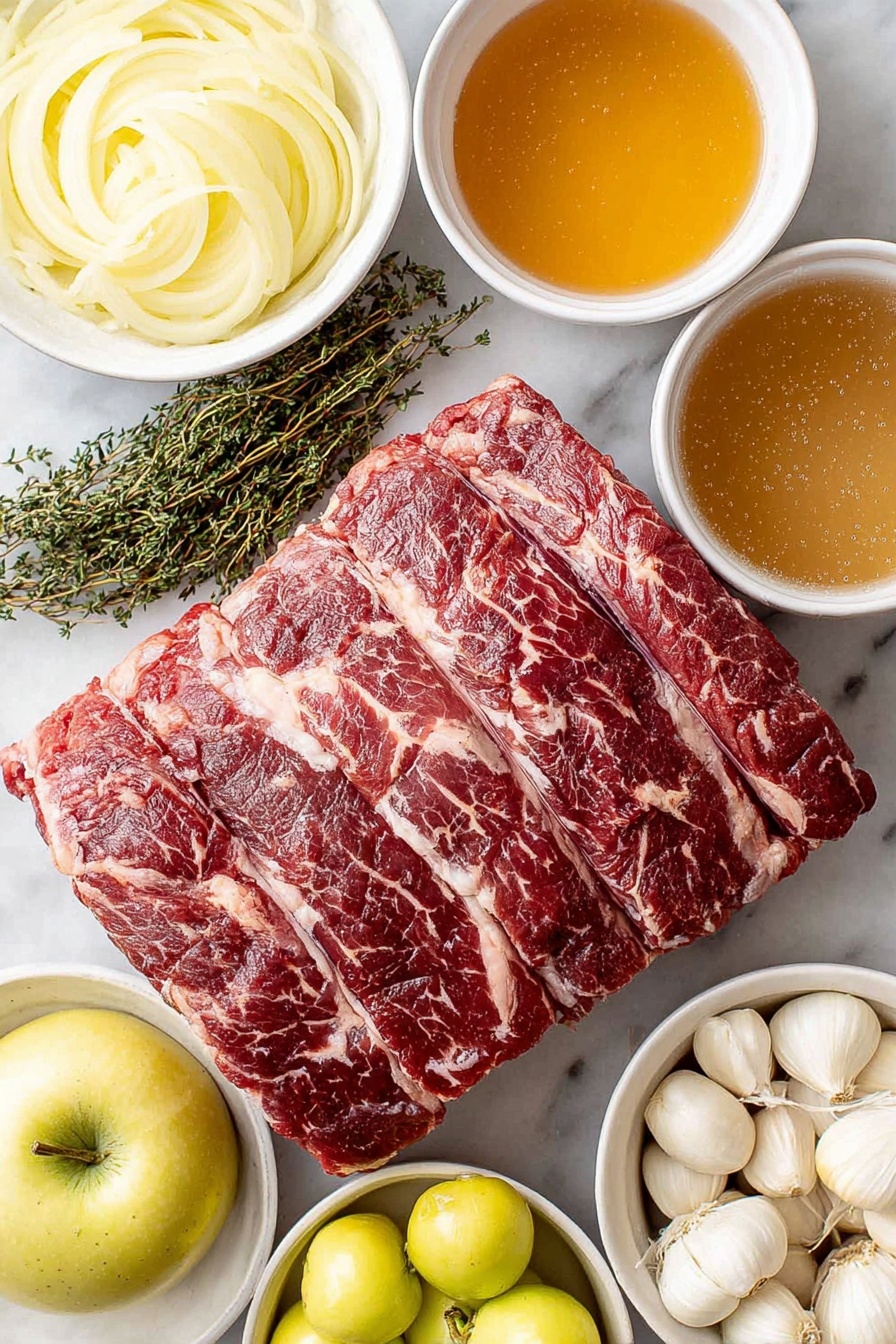 Braised Pork Shoulder with Apples, pork shoulder recipes, slow braised pork, apple pork stew, comforting pork dishes - Flat lay of a fresh pork shoulder roast with visible marbling, a few sprigs of fresh thyme, a small bunch of fresh rosemary leaves, two quartered green Granny Smith apples, four whole yellow onions thinly sliced and arranged neatly, six whole garlic cloves unpeeled, a couple of bay leaves, a small white ceramic bowl of golden olive oil, a small white ceramic bowl of dry white wine, a small white ceramic bowl filled with amber apple cider, and a small white ceramic bowl containing low sodium chicken broth; all ingredients placed symmetrically on a clean white marble surface, soft natural light, photo taken with an iPhone, professional food photography style, fresh ingredients, white ceramic bowls, no bottles, no duplicates, no utensils, no packaging --ar 2:3 --v 7 --p m7354615311229779997