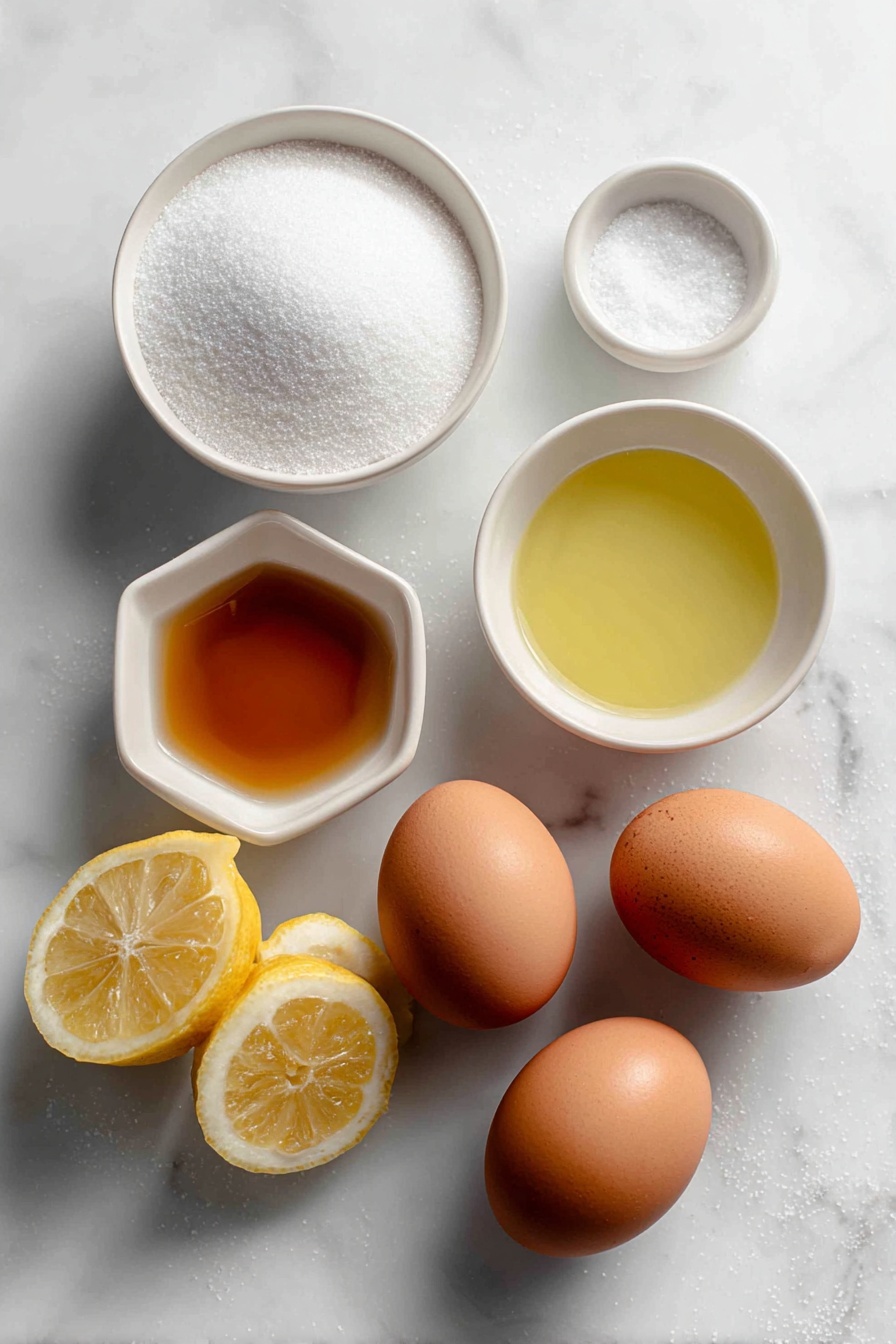 Authentic Italian Zabaglione Wine Custard, Italian dessert with wine, easy zabaglione recipe, silky wine custard, traditional Italian dessert - Flat lay of four whole large brown eggs with clean shells, a small white ceramic bowl filled with fine white granulated sugar, a small white ceramic bowl containing light amber Marsala wine, a fresh bright yellow lemon wedge with a small white ceramic bowl of freshly squeezed lemon juice, and a pinch of salt in a tiny white ceramic bowl, all arranged symmetrically on a clean white marble surface, soft natural light, photo taken with an iPhone, professional food photography style, fresh ingredients, white ceramic bowls, no bottles, no duplicates, no utensils, no packaging --ar 2:3 --v 7 --p m7354615311229779997