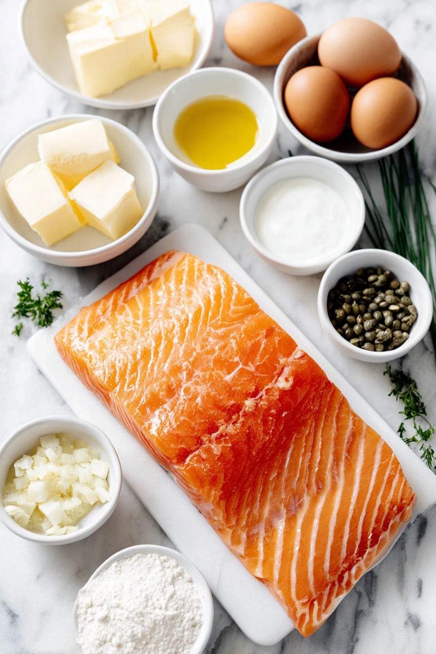 Creamy Salmon Piccata, Salmon Piccata with Lemon and Capers, Elegant Salmon Dinner, Quick Salmon Recipes, Easy Fish Dinner Ideas - Flat lay of a fresh, skinless salmon fillet with a vibrant pink hue, a small white bowl of golden olive oil, a few sprigs of bright green fresh dill, a small white bowl of minced garlic cloves, a small white bowl of light yellow fresh lemon juice, a small white bowl of thick white heavy cream, a small white bowl of pale yellow butter, a few green fresh parsley leaves, a small white bowl filled with small greenish-gray capers, a few whole uncracked brown eggs, a small white bowl of clear low-sodium chicken broth, and a small white bowl containing pale white cornstarch powder, all arranged in perfect symmetry on a clean white ceramic plate and bowls, placed on a clean white marble surface, soft natural light, photo taken with an iPhone, professional food photography style, fresh ingredients, white ceramic bowls, no bottles, no duplicates, no utensils, no packaging --ar 2:3 --v 7 --p m7354615311229779997