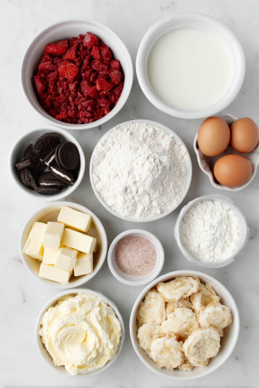 Strawberry Crunch Cookies with Cream Cheese Frosting, fruit-flavored cookies, strawberry Oreos dessert, homemade strawberry cookies, crunchy strawberry topping - Flat lay of a small white ceramic bowl filled with coarse powder of freeze dried strawberries, a small white ceramic bowl with golden Oreo cookie crumbs, a small pile of soft butter chunks, a simple white ceramic bowl holding uncracked whole brown eggs, a neat mound of pink strawberry cake mix powder, a small white ceramic bowl with all purpose flour, a small white ceramic bowl with white cornstarch, a small pile of butter-flavored shortening, a small white ceramic bowl of softened cream cheese, a small white ceramic bowl of powdered sugar, a small white ceramic bowl with vanilla extract, a small white ceramic bowl with milk, placed on a clean white marble surface, soft natural light, photo taken with an iPhone, professional food photography style, fresh ingredients, white ceramic bowls, no bottles, no duplicates, no utensils, no packaging --ar 2:3 --v 7 --p m7354615311229779997