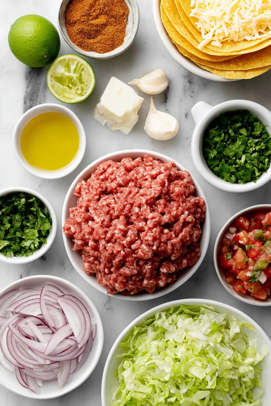 Crispy Baked Beef Tacos with Chipotle Crema, baked beef tacos, easy Mexican dinner, healthy taco recipe, smoky chipotle crema - Flat lay of a small white ceramic bowl with golden canola oil, a mound of raw lean ground beef, a small white bowl filled with vibrant orange-brown taco seasoning powder, three peeled whole garlic cloves, a whole fresh lime cut in half showing bright green flesh, a small white bowl holding finely diced green chiles, a small white bowl of coarse salt and whole black peppercorns, a neat pile of shredded colby jack cheese with white and yellow hues, a stack of yellow corn tortillas with a smooth texture, a small white bowl of thick Mexican crema, two whole chipotle peppers with deep red color and wrinkled skin, a small white bowl with clear golden honey, a small white bowl containing freshly chopped bright green cilantro leaves, finely shredded crisp light green lettuce, a small white bowl of chunky red pico de gallo with diced tomatoes, onions, and green herbs, a small white bowl of creamy light green guacamole, and a small white bowl of thinly sliced pickled red onions with a vibrant magenta hue — all arranged in perfect symmetry and balanced proportions, placed on a clean white marble surface, soft natural light, photo taken with an iPhone, professional food photography style, fresh ingredients, white ceramic bowls, no bottles, no duplicates, no utensils, no packaging --ar 2:3 --v 7 --p m7354615311229779997