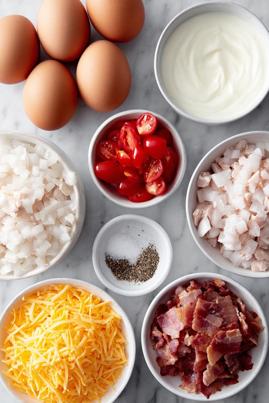 Healthy Egg Bites, healthy breakfast ideas, easy make-ahead breakfast, protein-packed egg bites, nutritious morning recipes - Flat lay of ten whole brown eggs with clean shells, a small bowl of cream, a small bowl of shredded bright orange cheddar cheese, a small white bowl with chopped red bell peppers, diced ripe tomatoes, and chopped white onions mixed together, a small white bowl containing crispy crumbled cooked bacon pieces, a small white bowl of chopped roasted turkey, a small white bowl with coarse salt and ground black pepper, all arranged symmetrically in simple white ceramic bowls, placed on a clean white marble surface, soft natural light, photo taken with an iPhone, professional food photography style, fresh ingredients, white ceramic bowls, no bottles, no duplicates, no utensils, no packaging --ar 2:3 --v 7 --p m7354615311229779997