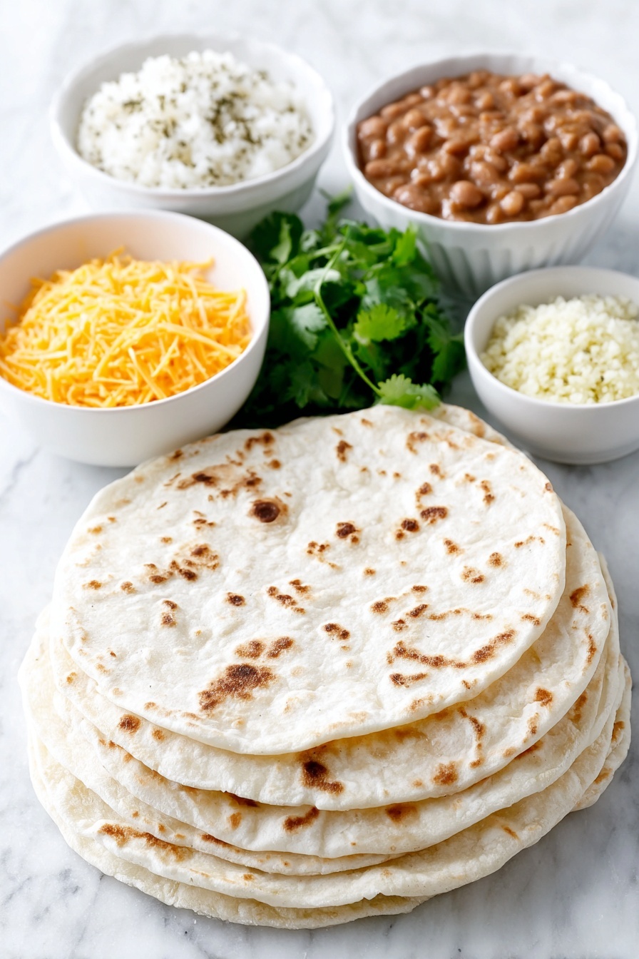 Cheesy Bean and Rice Burritos, Mexican-style burritos, cheesy bean wrap, baked bean and rice burritos, hearty vegetarian burritos - Flat lay of a stack of ten soft flour tortillas, a small white bowl of creamy refried beans, a few sprigs of fresh green cilantro beside a small white bowl of vibrant red salsa, a small white bowl of bright orange shredded sharp cheddar cheese, a small white bowl of pale yellow shredded Monterey Jack cheese, a small white bowl of fluffy orange-hued Mexican rice, and a small white bowl of homemade taco seasoning mix with visible dried herbs and spices, all arranged in perfect symmetry on a clean white marble surface, soft natural light, photo taken with an iPhone, professional food photography style, fresh ingredients, white ceramic bowls, no bottles, no duplicates, no utensils, no packaging --ar 2:3 --v 7 --p m7354615311229779997